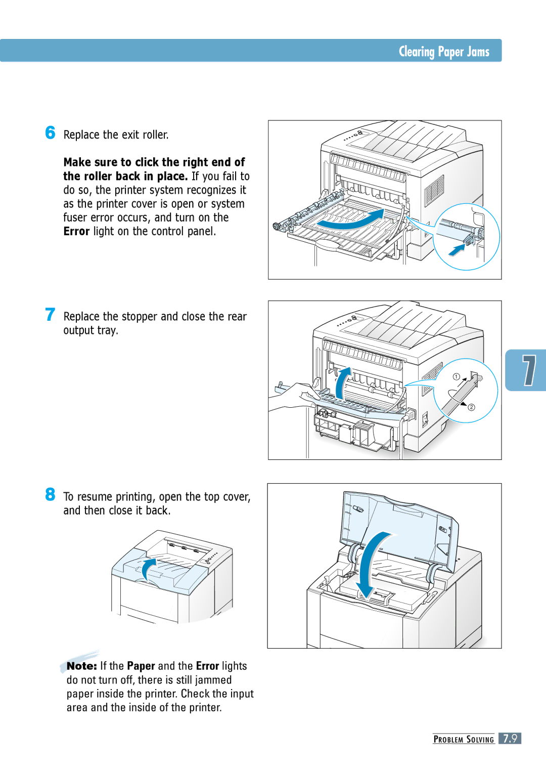 Samsung ML-6060S, ML-6060N manual Replace the exit roller, Replace the stopper and close the rear output tray 