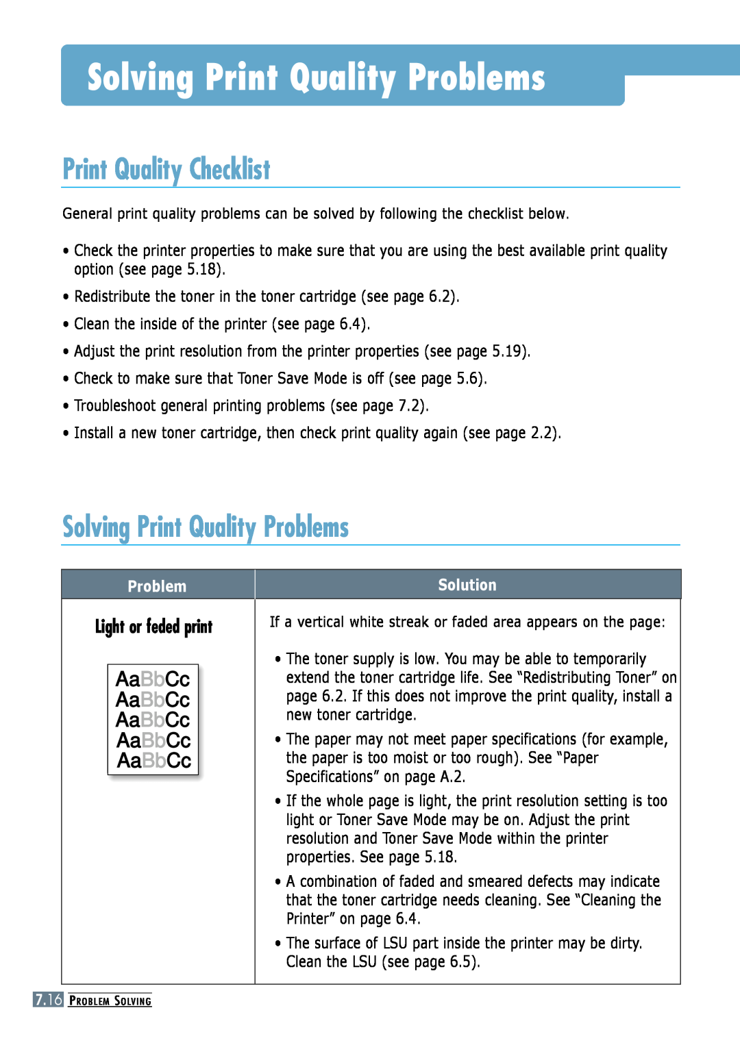 Samsung ML-6060S manual Solving Print Quality Problems, Print Quality Checklist, Light or feded print, Aa BbCc, Solution 