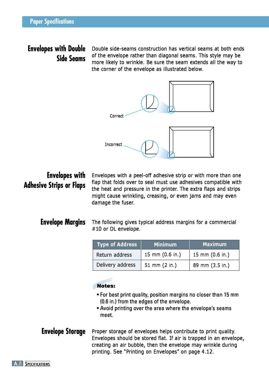 Samsung ML-6060S manual Paper Specifications, Avoid printing over the area where the envelope’s seams meet, Type of Address 