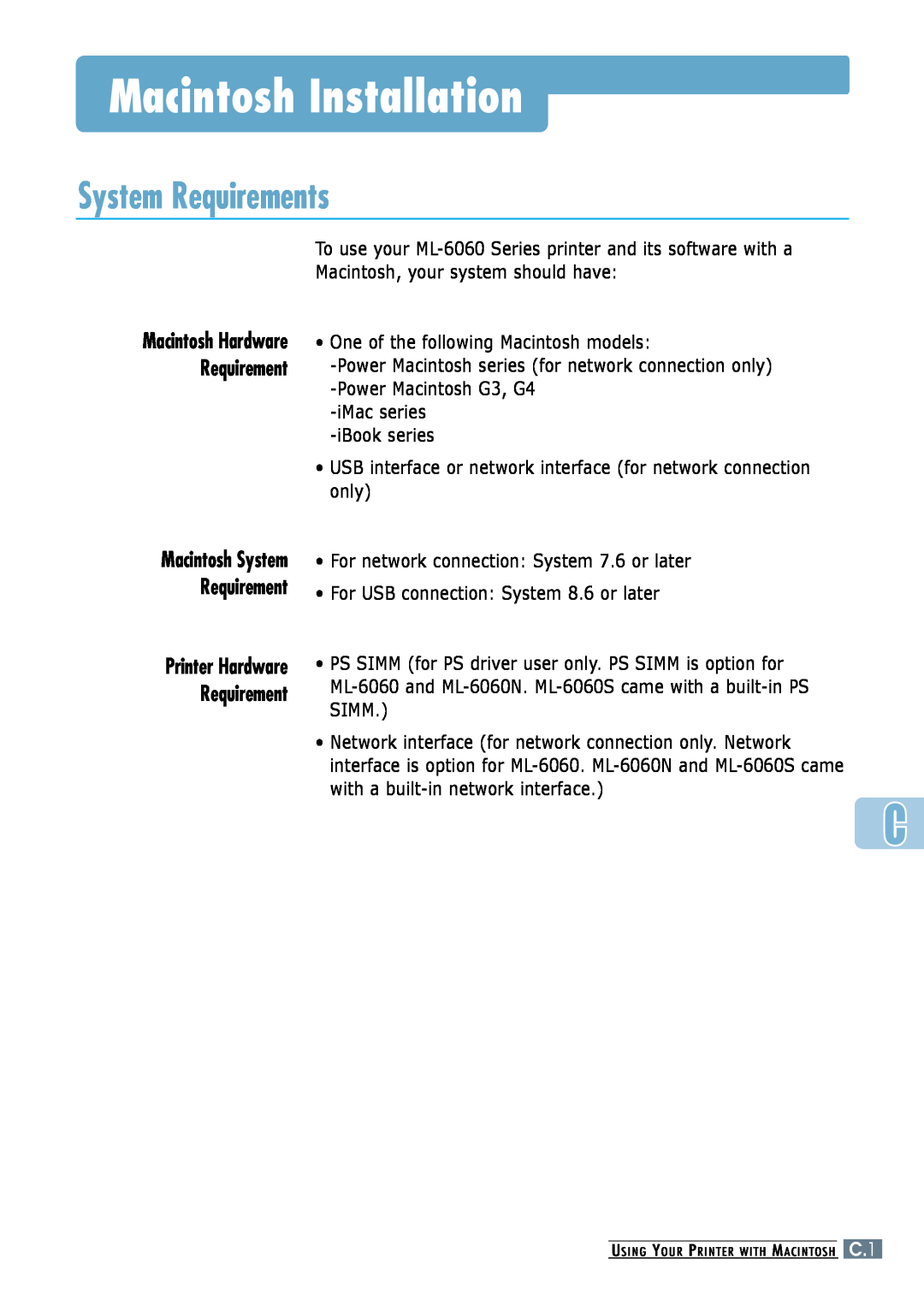 Samsung ML-6060S, ML-6060N manual Macintosh Installation, System Requirements 