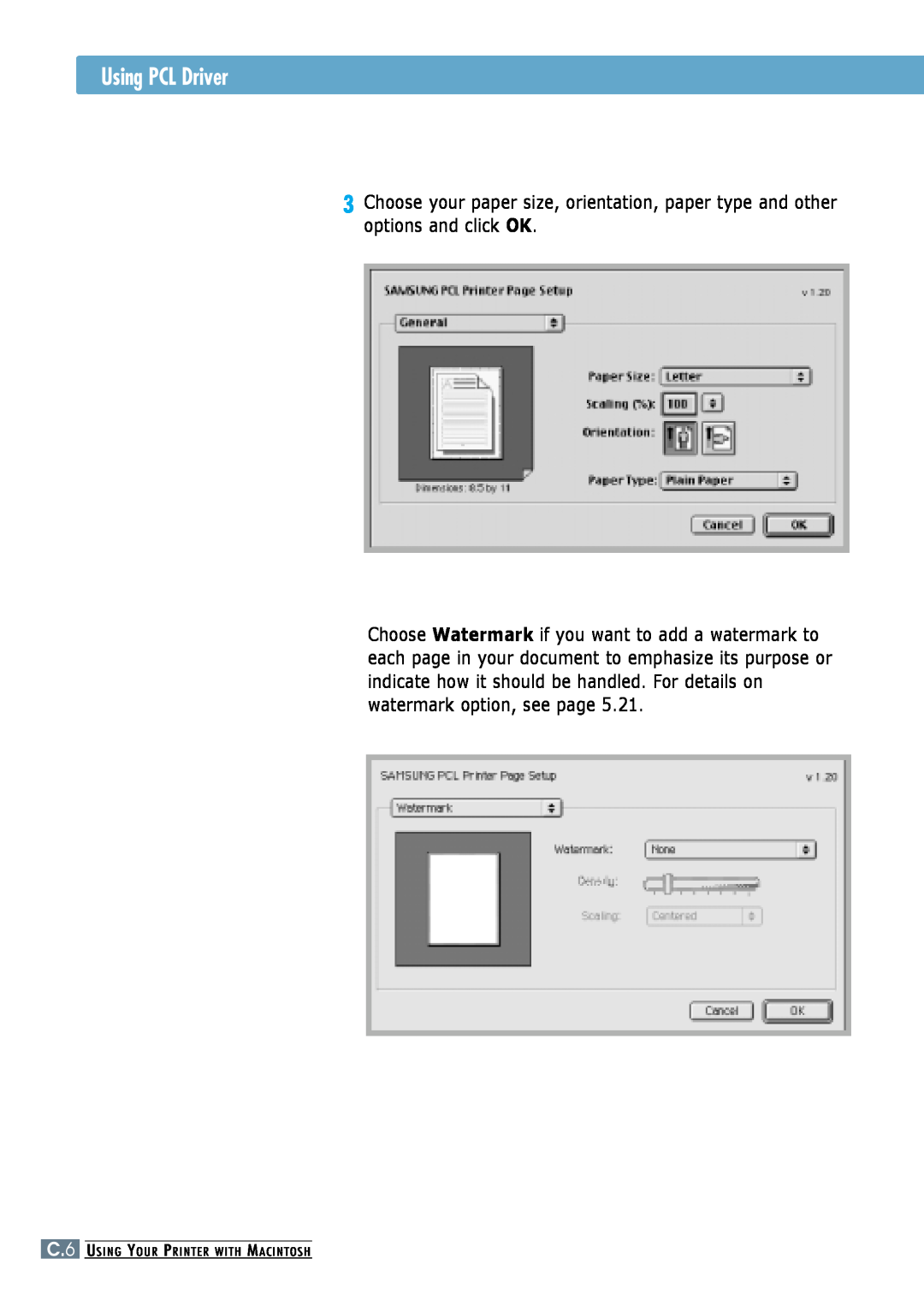 Samsung ML-6060N, ML-6060S manual Using PCL Driver, C.6 USING YOUR PRINTER WITH MACINTOSH 