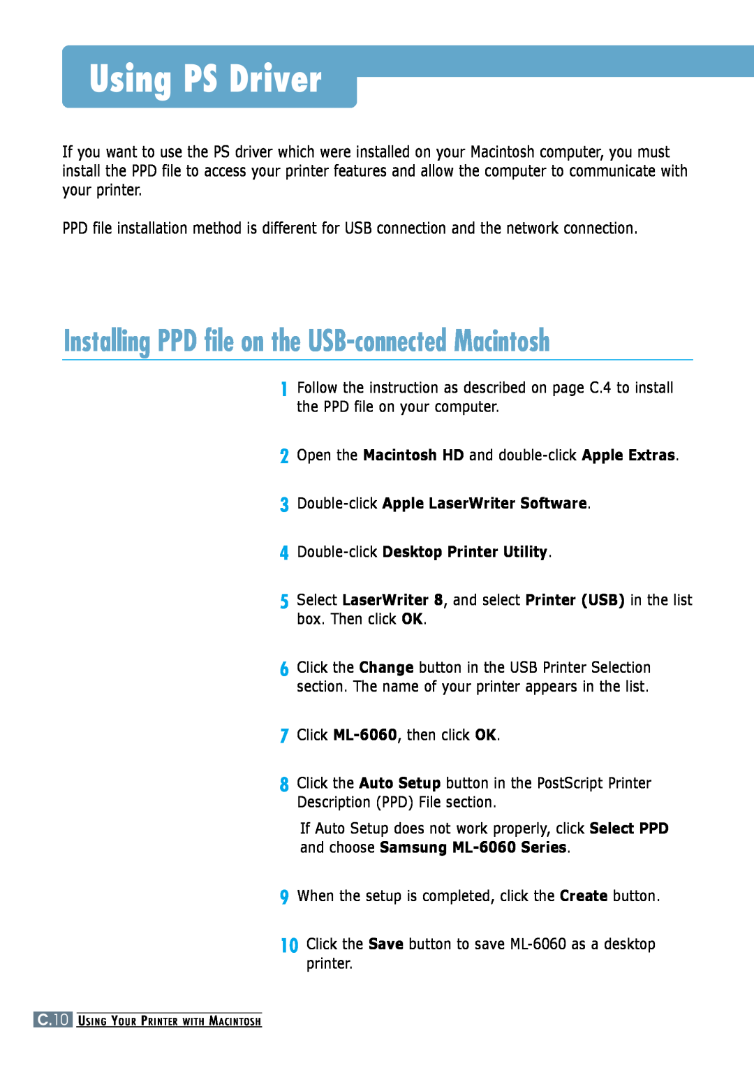 Samsung ML-6060S Using PS Driver, Installing PPD file on the USB-connected Macintosh, Double-click Desktop Printer Utility 