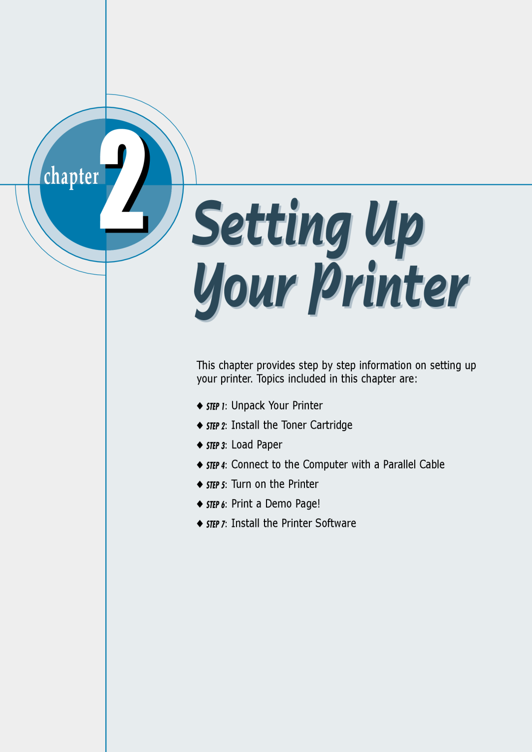 Samsung ML-6060S manual Unpack Your Printer Install the Toner Cartridge, Load Paper, Turn on the Printer Print a Demo Page 