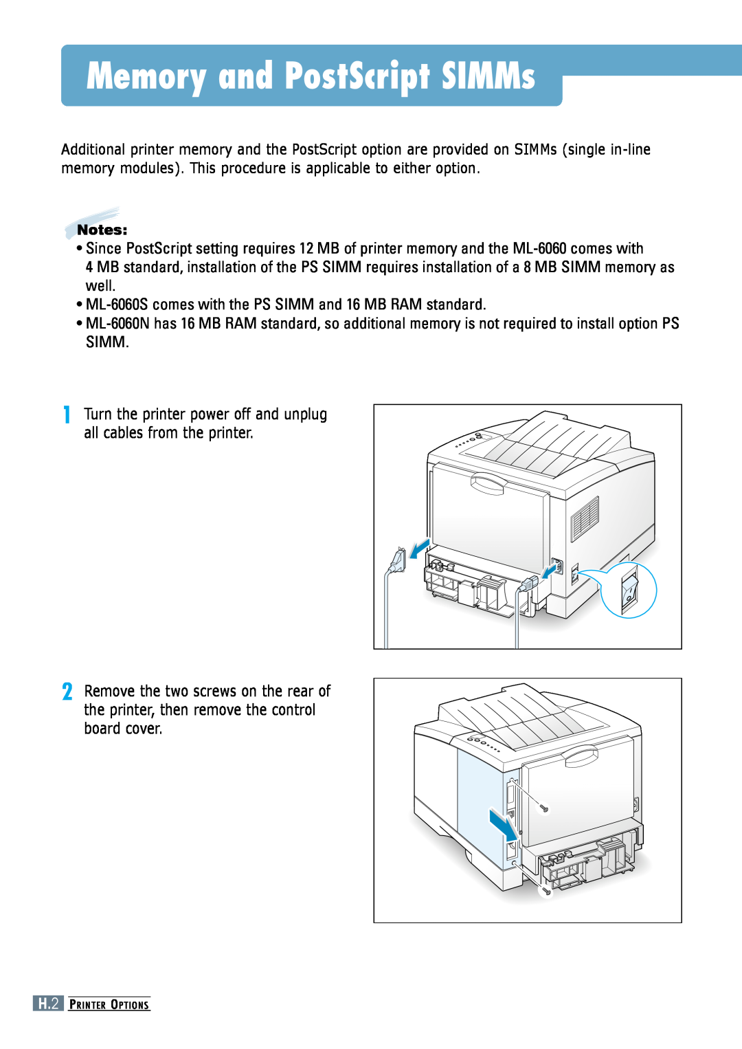 Samsung ML-6060S manual Memory and PostScript SIMMs, Turn the printer power off and unplug all cables from the printer 