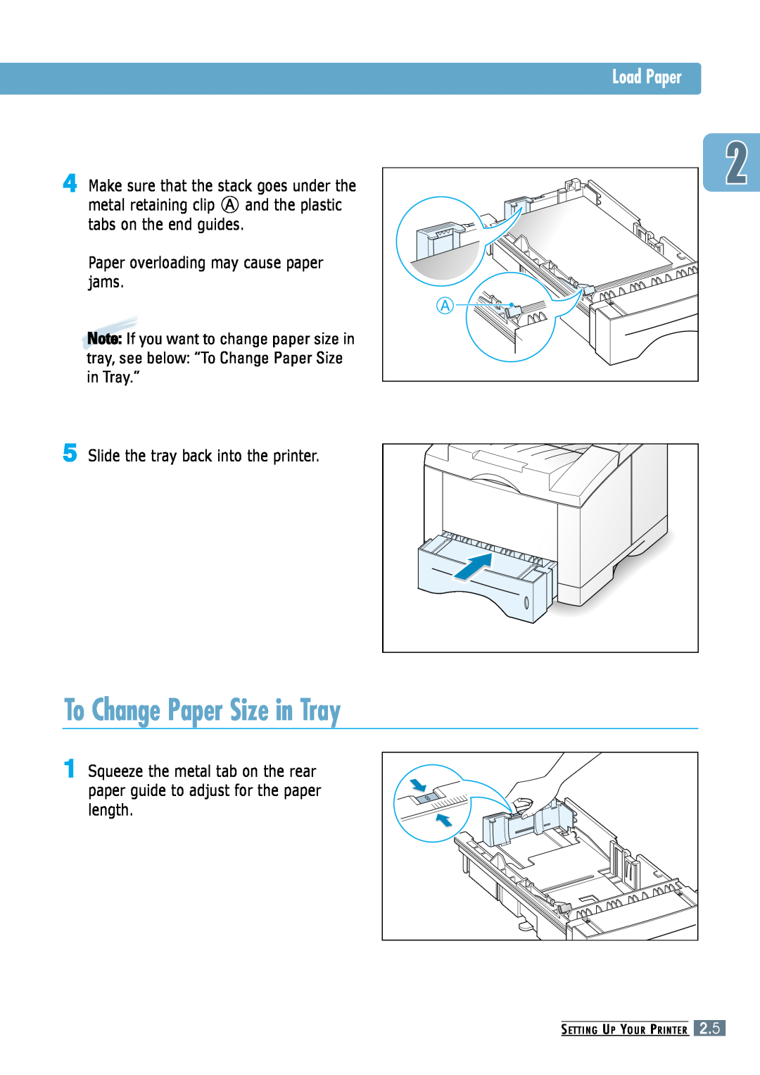 Samsung ML-6060N To Change Paper Size in Tray, Load Paper, Paper overloading may cause paper jams, Setting Up Your Printer 