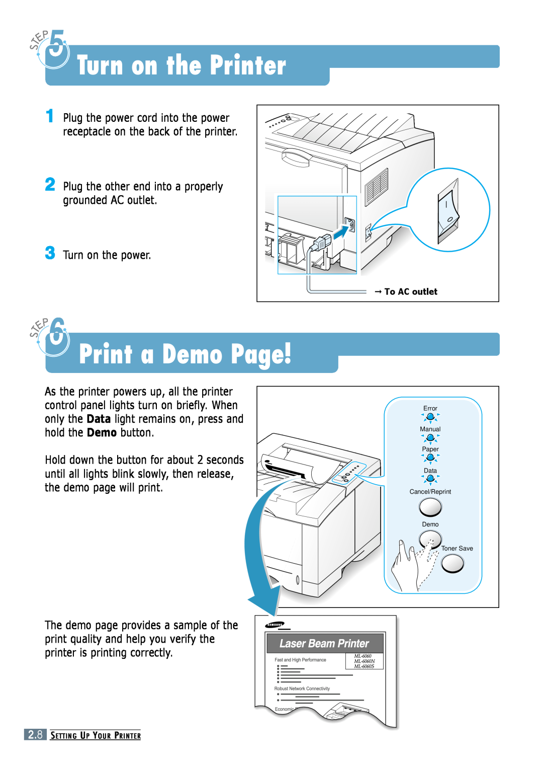 Samsung ML-6060N, ML-6060S manual Turn on the Printer, Print a Demo Page, Turn on the power 