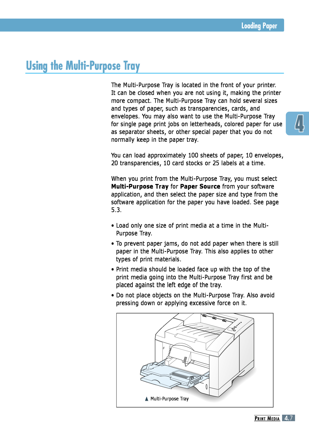Samsung ML-6060S, ML-6060N manual Using the Multi-Purpose Tray, Loading Paper 