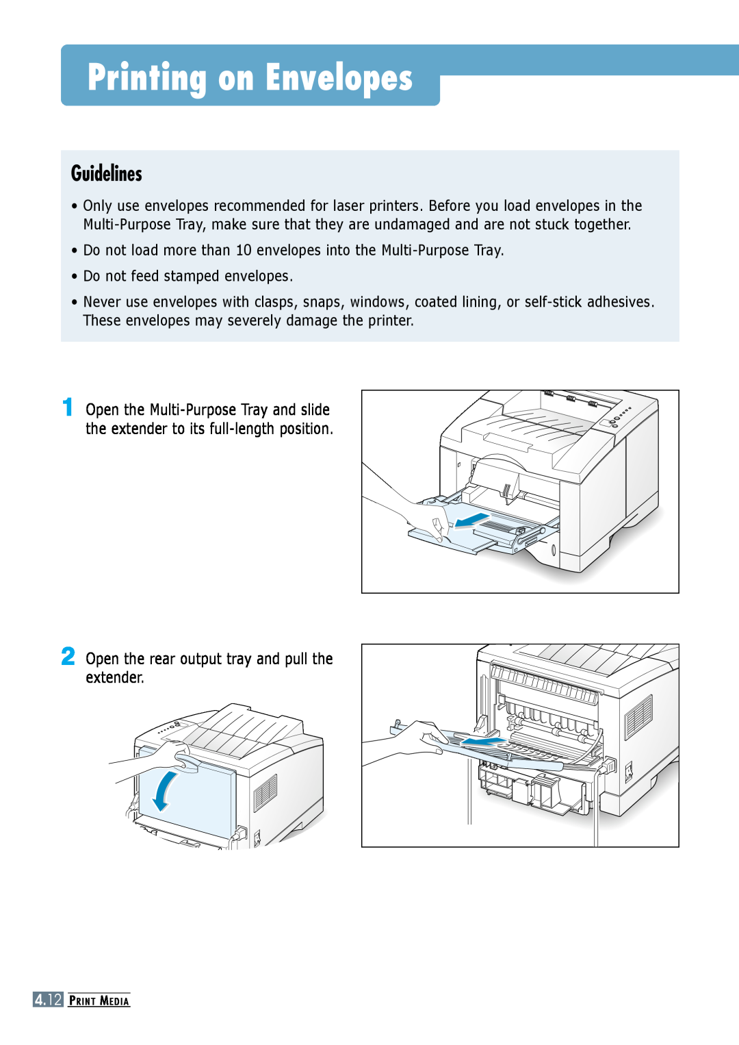 Samsung ML-6060N, ML-6060S manual Printing on Envelopes, Guidelines, Open the rear output tray and pull the extender 