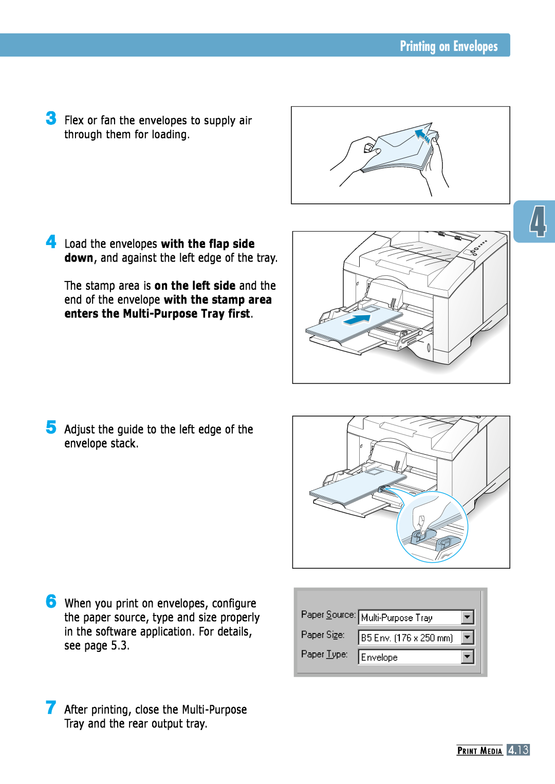 Samsung ML-6060S, ML-6060N manual Printing on Envelopes, Adjust the guide to the left edge of the envelope stack 