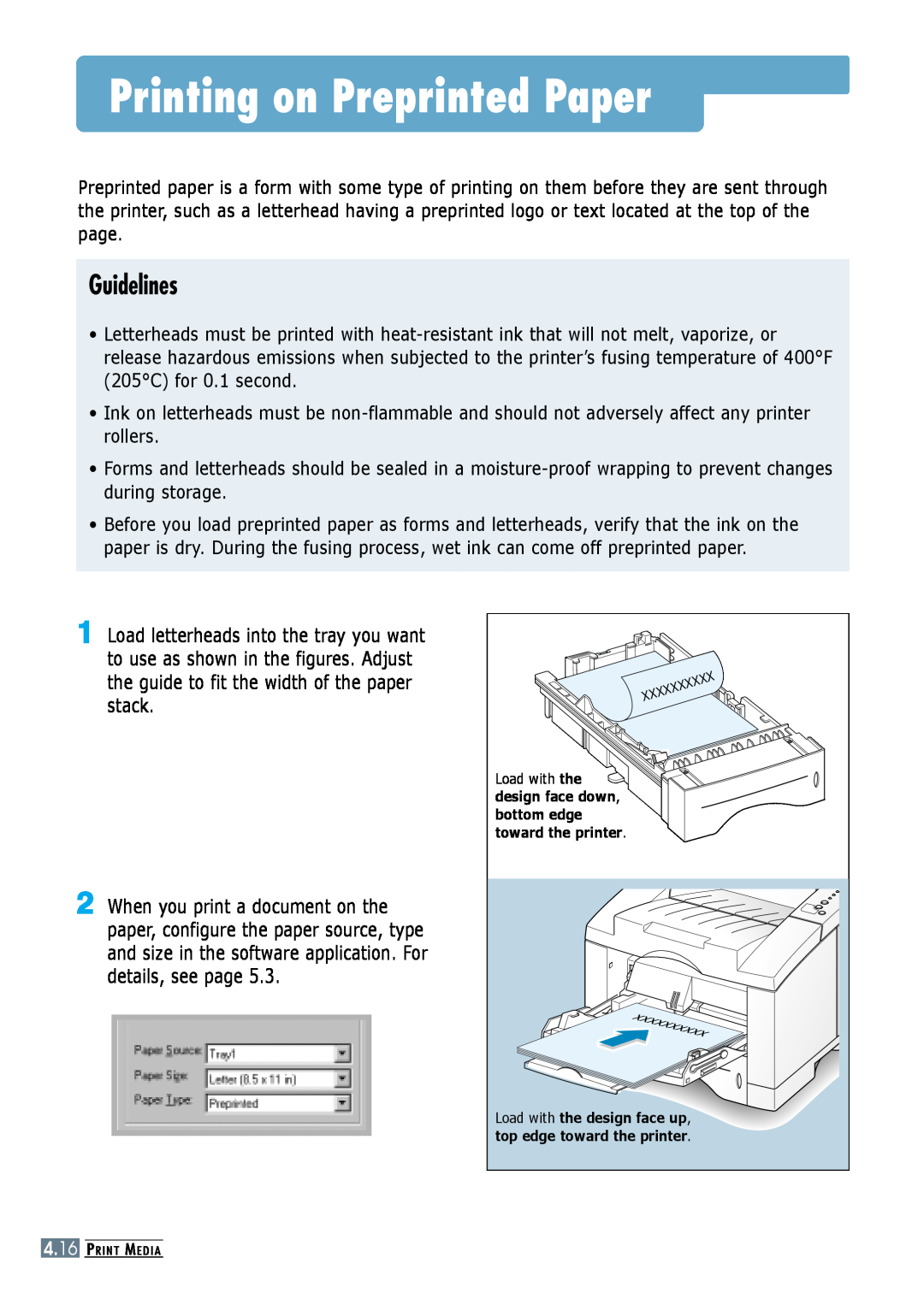 Samsung ML-6060S manual Printing on Preprinted Paper, Guidelines, Load with the design face up, top edge toward the printer 