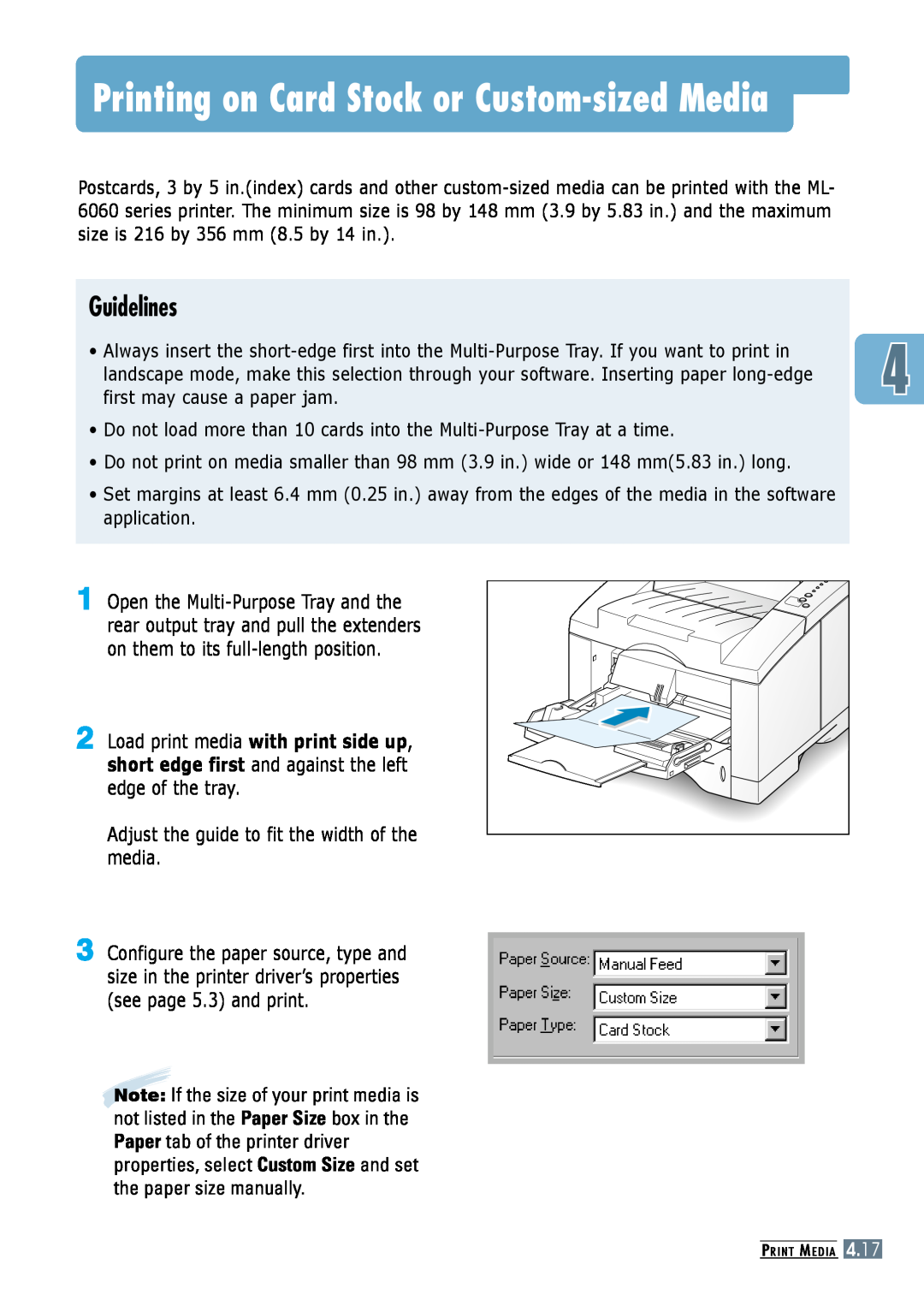 Samsung ML-6060 Printing on Card Stock or Custom-sized Media, Guidelines, Adjust the guide to fit the width of the media 