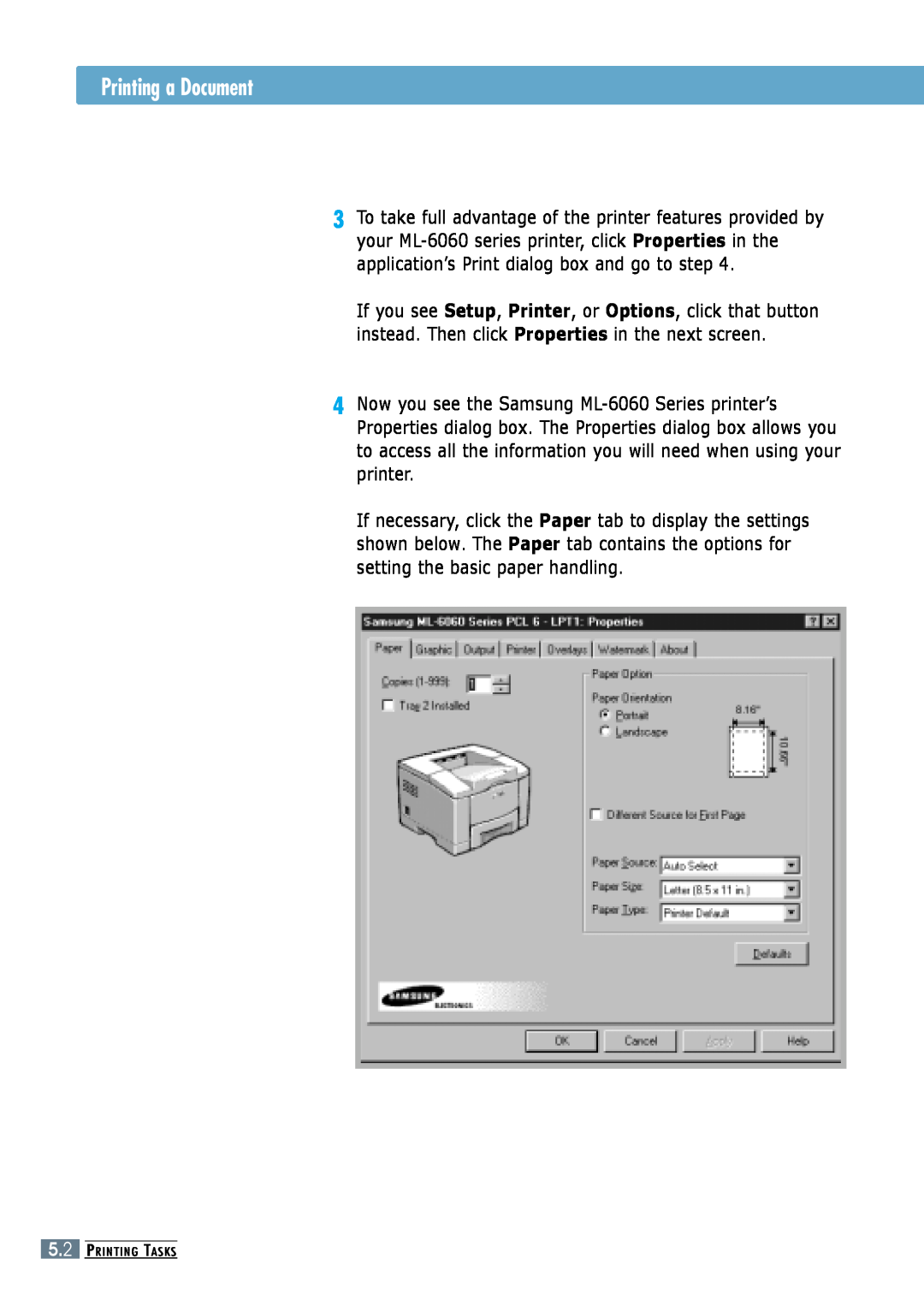 Samsung ML-6060S, ML-6060N manual Printing a Document, Printing Tasks 