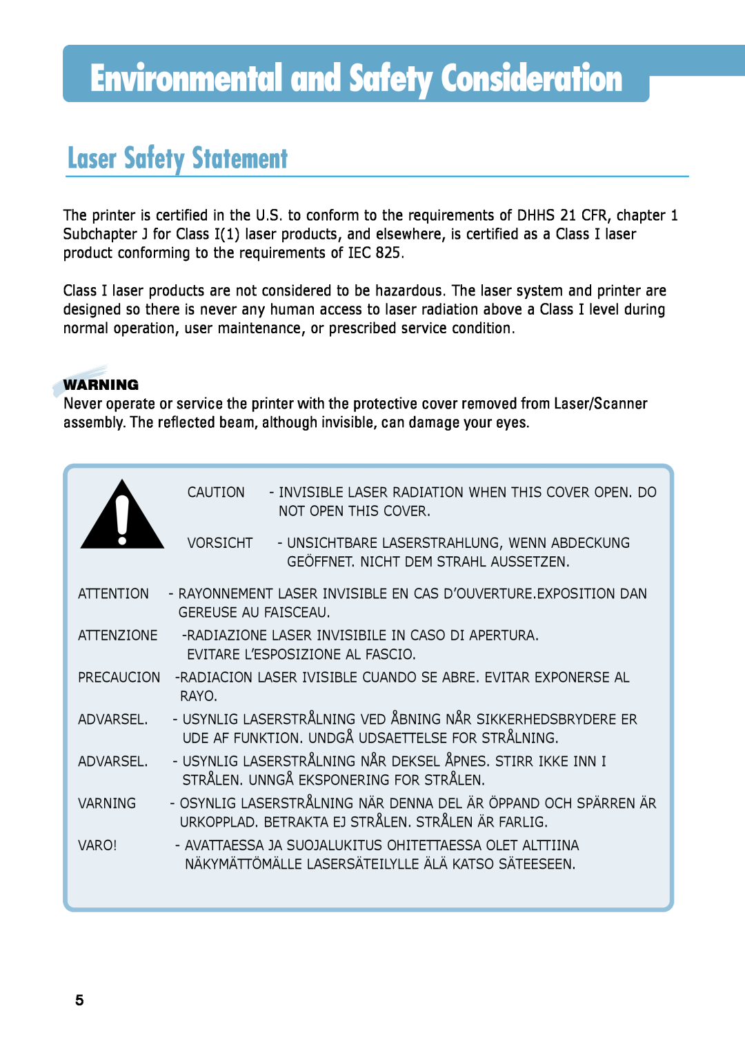 Samsung ML-6060S, ML-6060N manual Environmental and Safety Consideration, Laser Safety Statement 