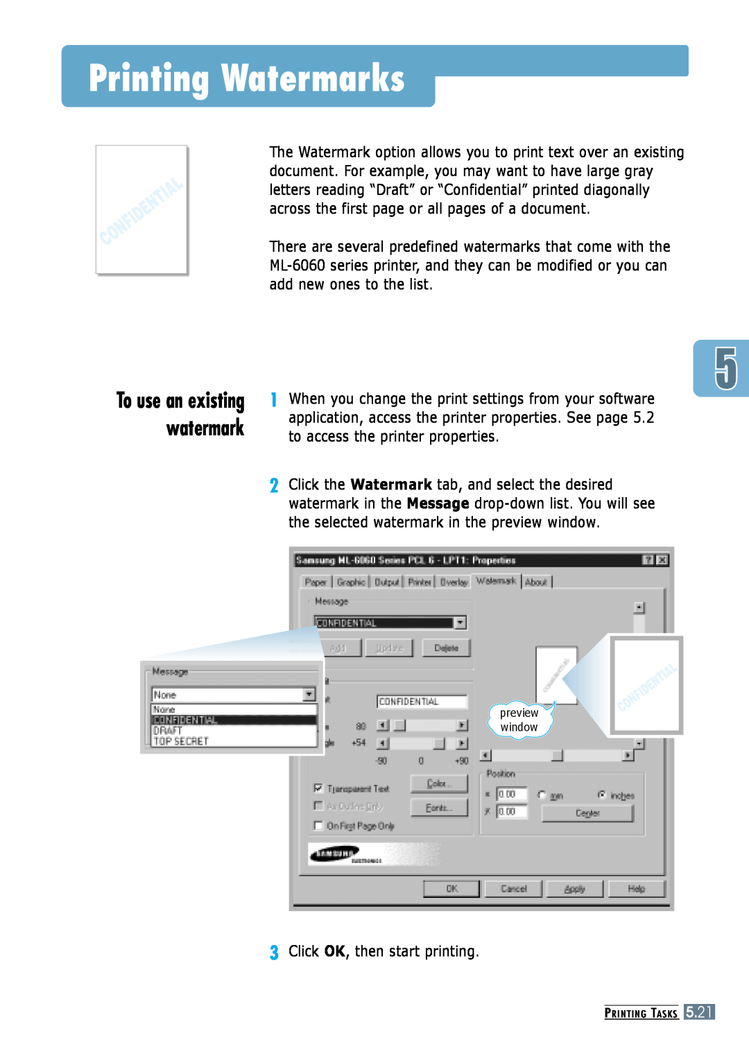 Samsung ML-6060N, ML-6060S manual Printing Watermarks, To use an existing watermark 
