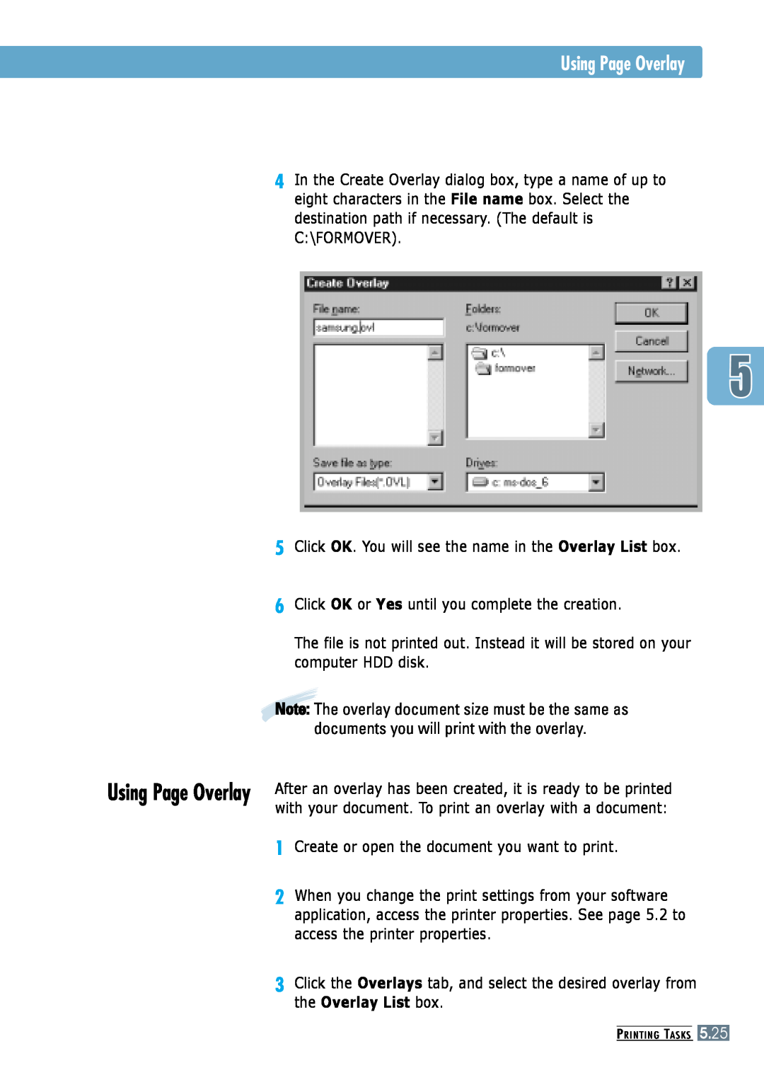Samsung ML-6060S, ML-6060N manual Using Page Overlay, the Overlay List box 