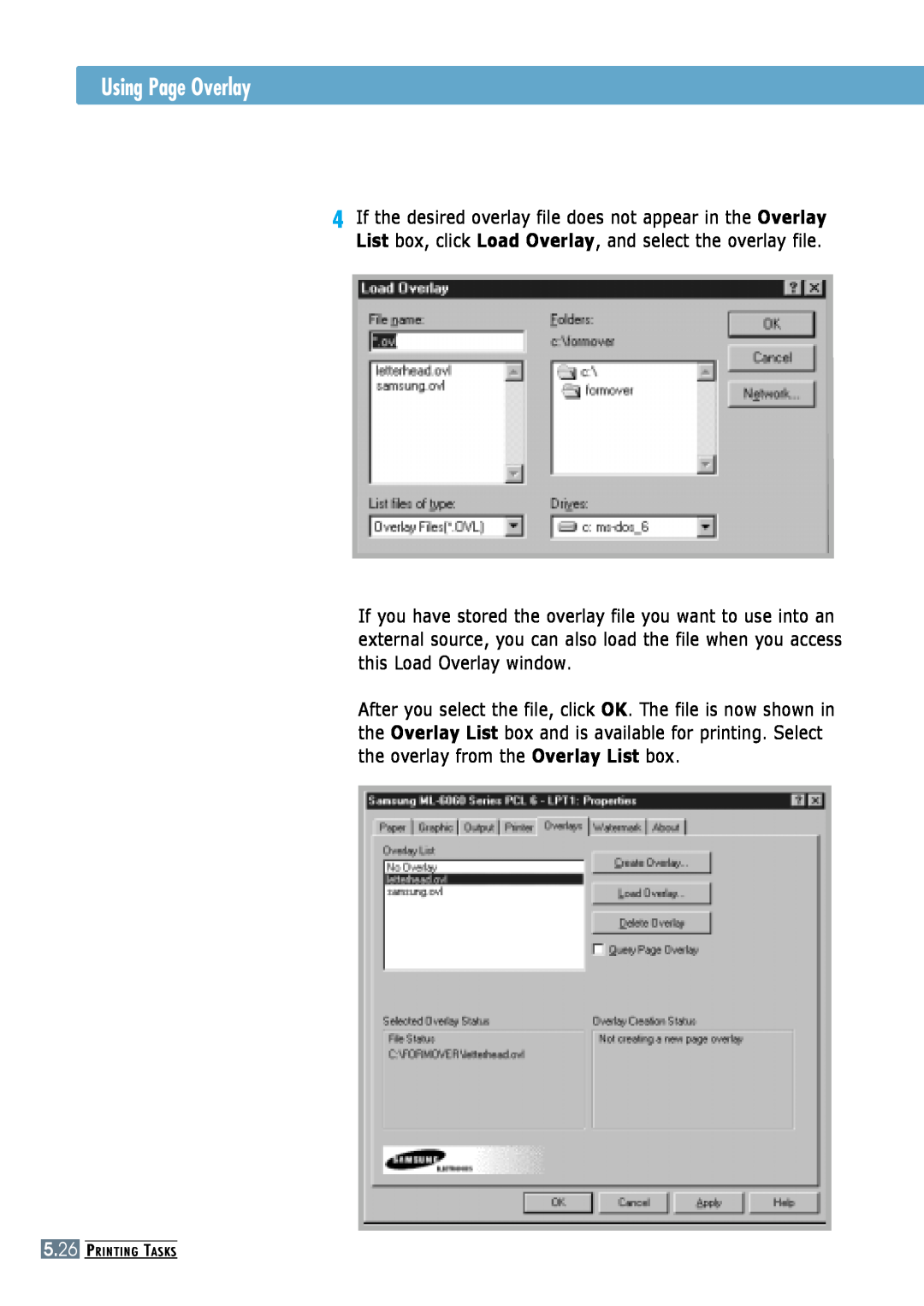 Samsung ML-6060S, ML-6060N manual Using Page Overlay, Printing Tasks 