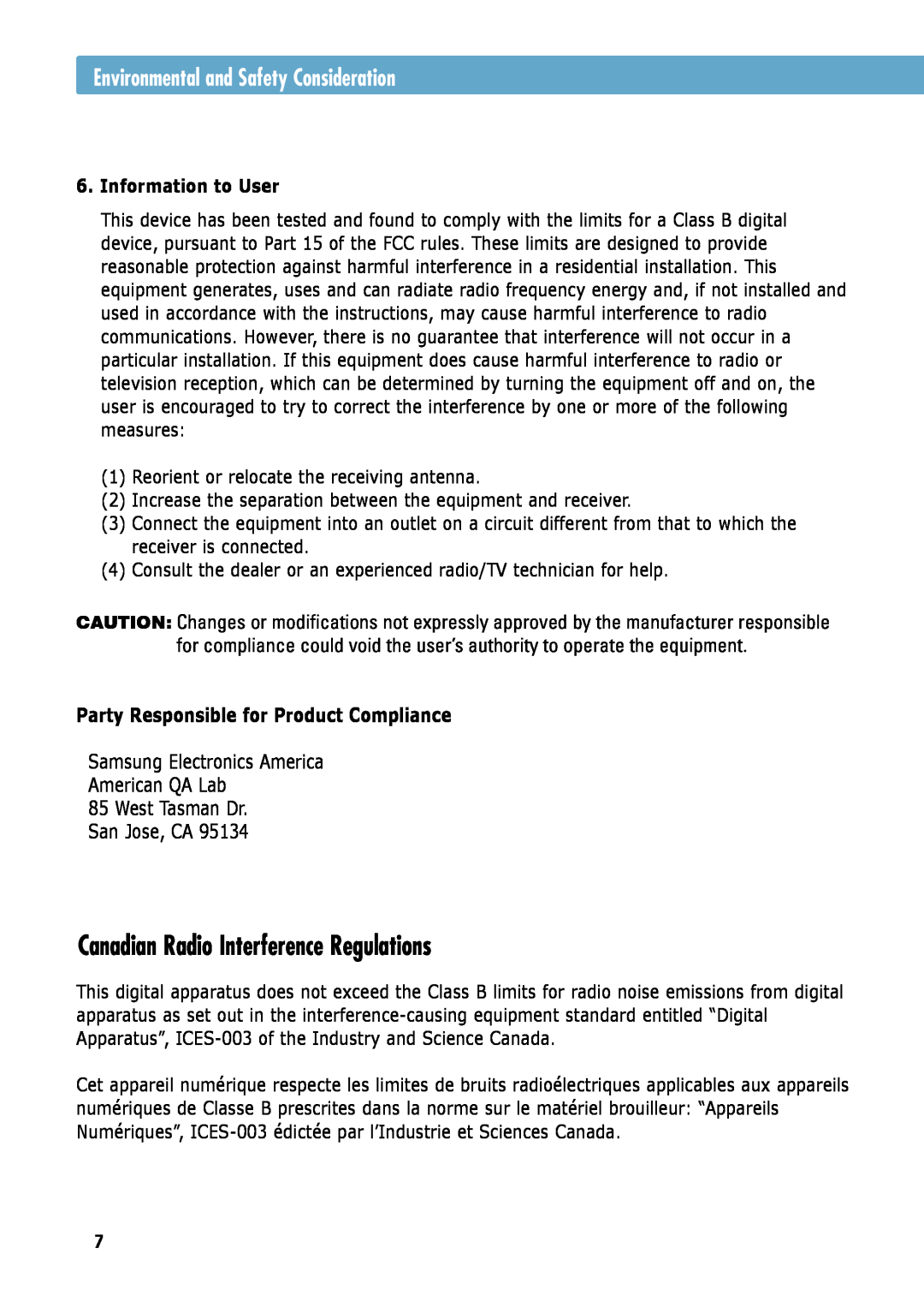 Samsung ML-6060S, ML-6060N Canadian Radio Interference Regulations, Environmental and Safety Consideration, San Jose, CA 