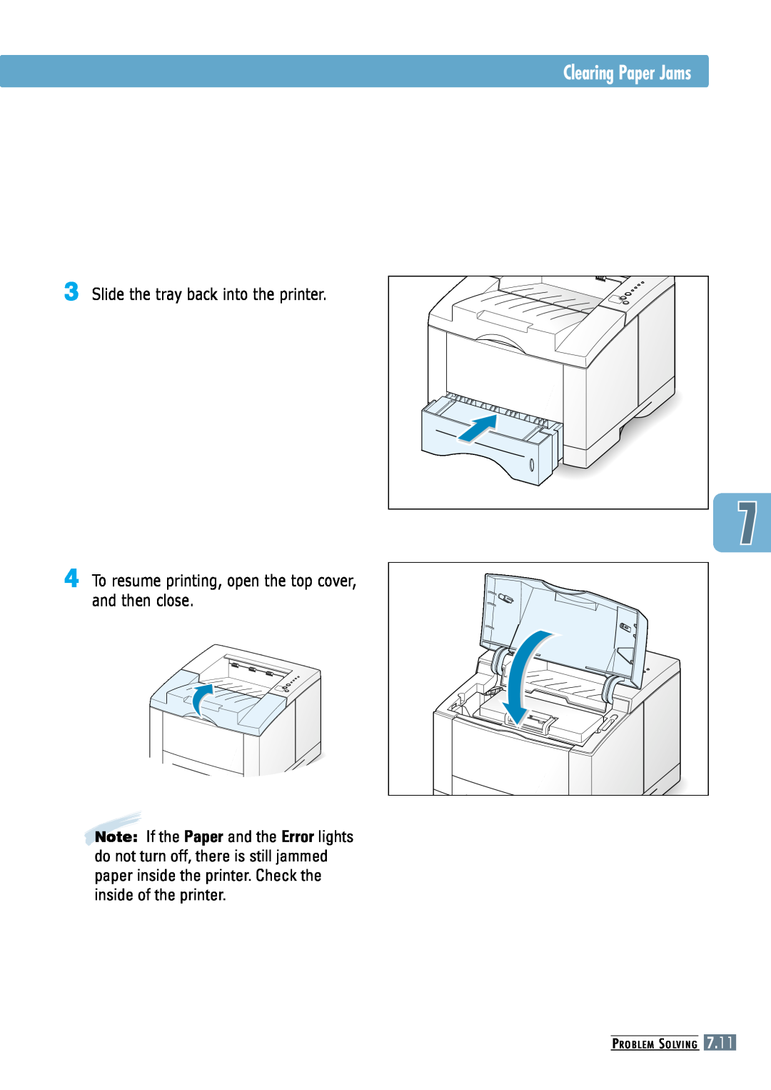 Samsung ML-6060N, ML-6060S manual Clearing Paper Jams, Slide the tray back into the printer, Problem Solving 