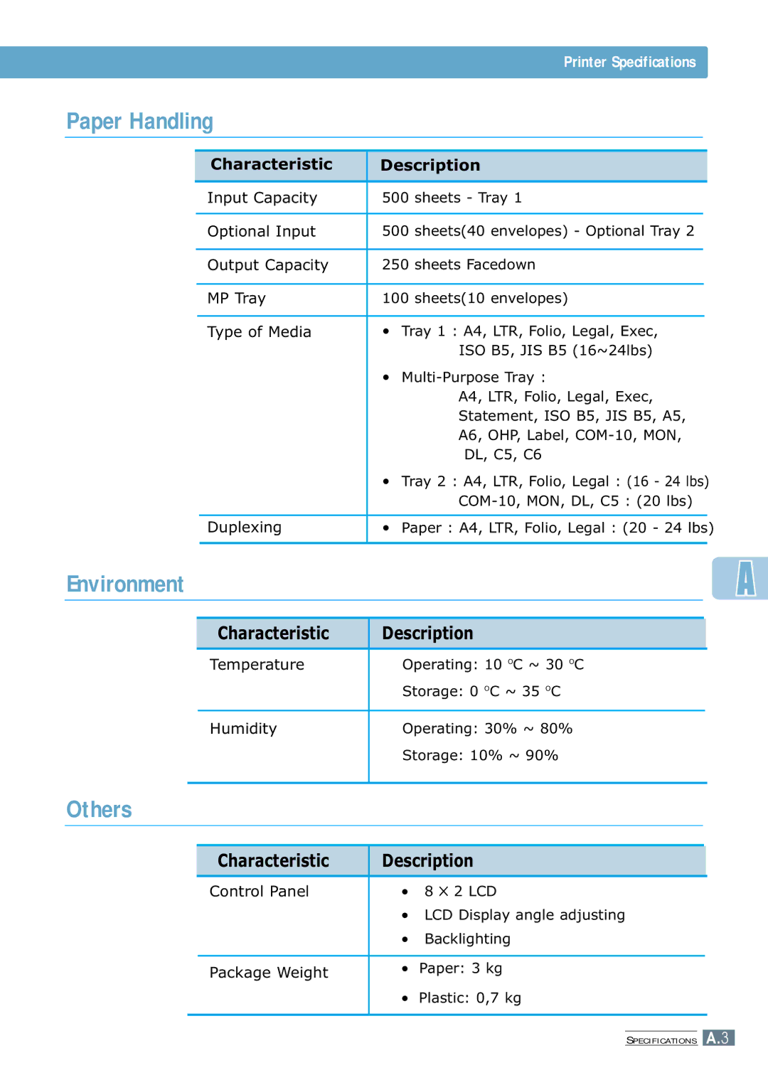 Samsung ML-7300 manual Paper Handling, Environment, Others, Characteristic Description 