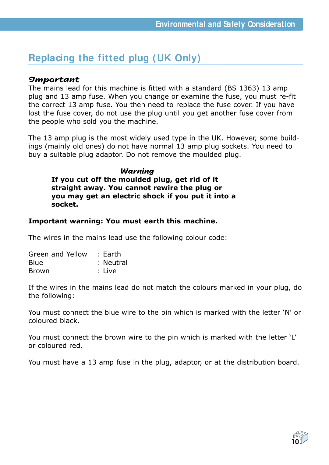 Samsung ML-7300 manual Replacing the fitted plug UK Only 