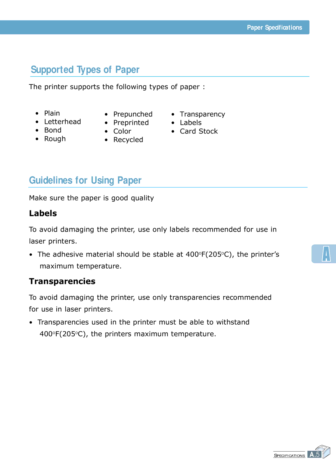 Samsung ML-7300 manual Supported Types of Paper, Guidelines for Using Paper 