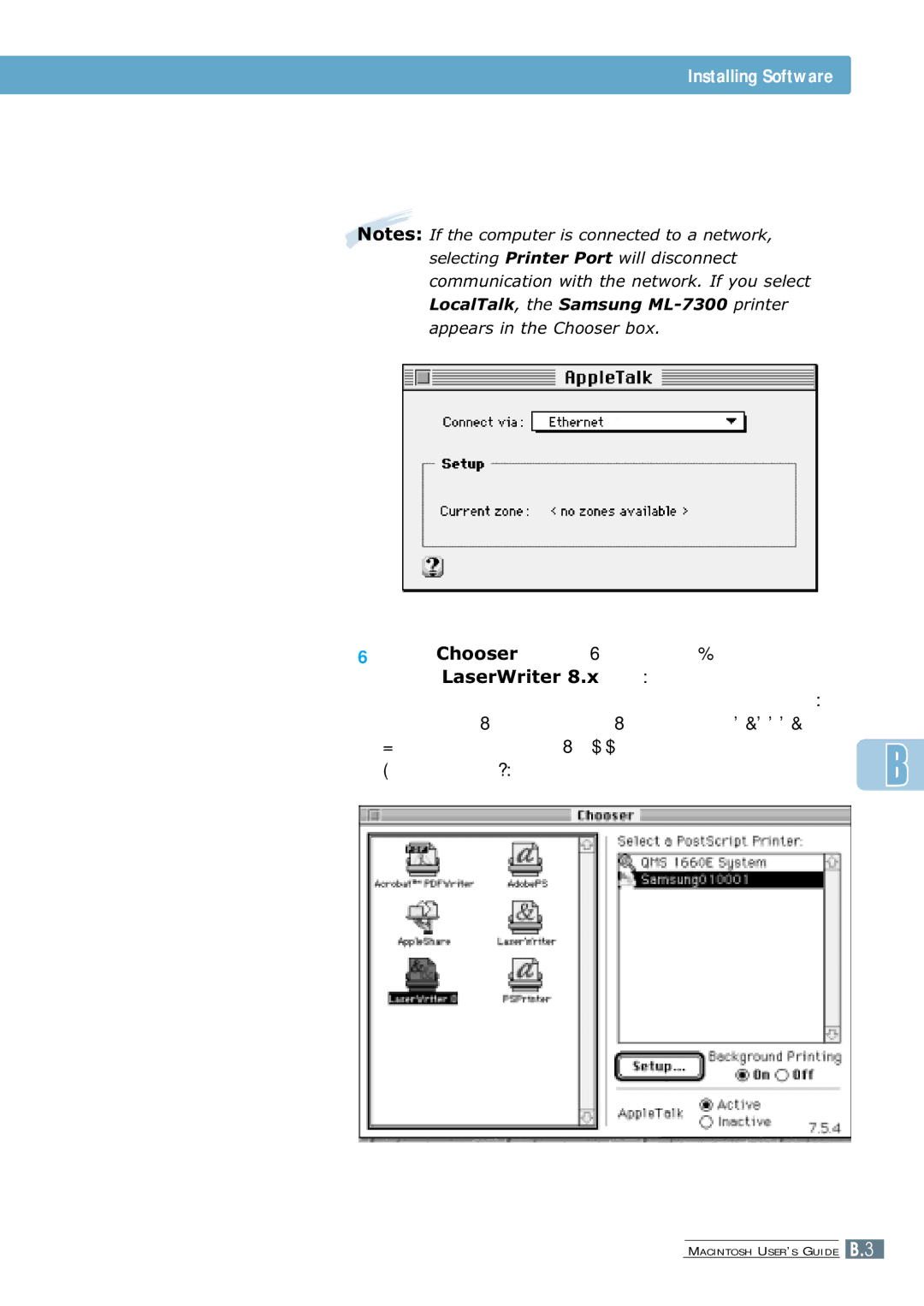 Samsung manual LocalTalk, the Samsung ML-7300 printer 