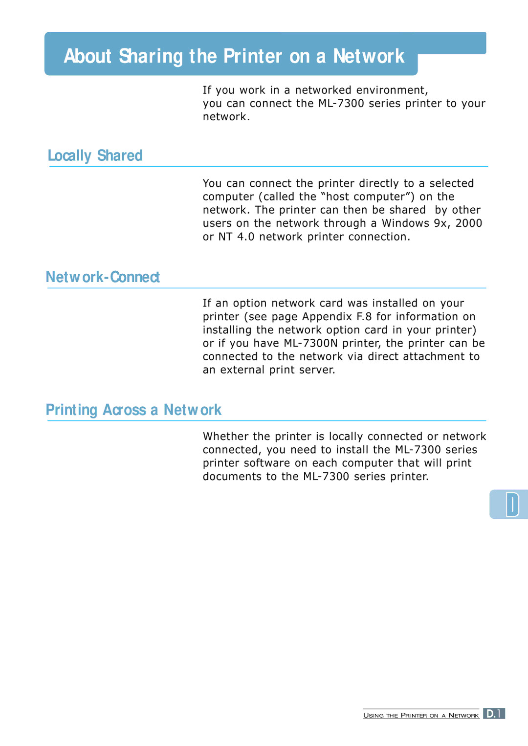 Samsung ML-7300 manual Locally Shared, Network-Connect, Printing Across a Network 