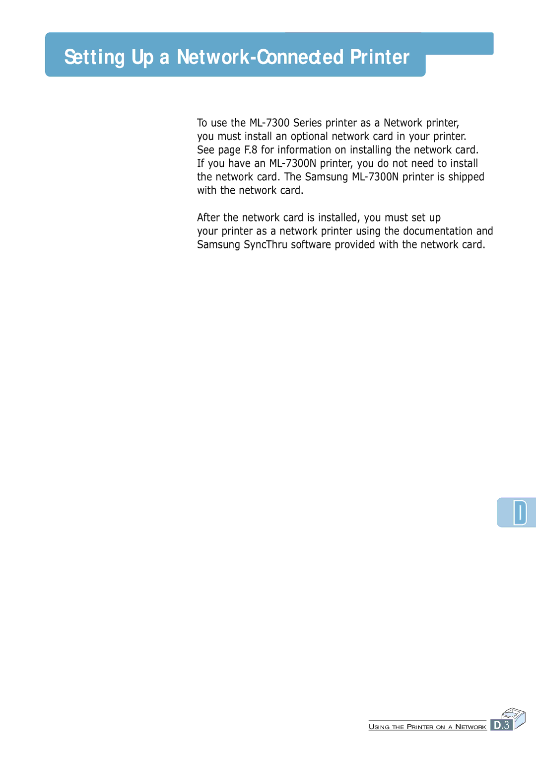 Samsung ML-7300 manual Setting Up a Network-Connected Printer 