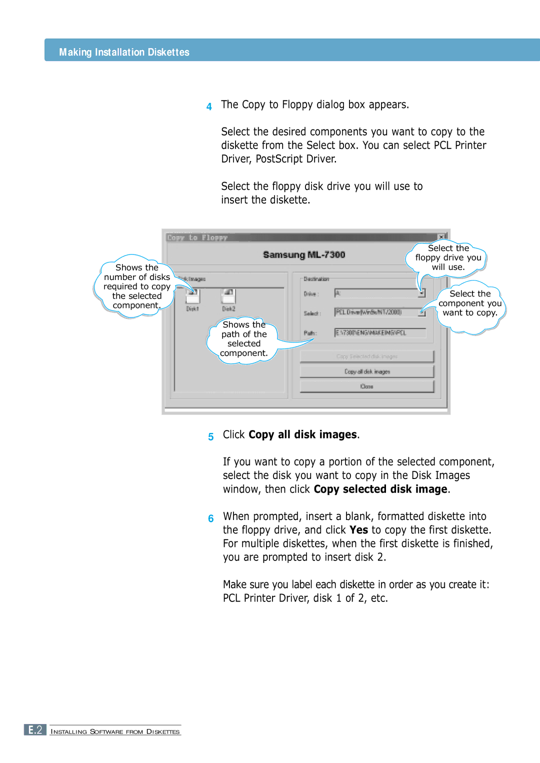 Samsung ML-7300 manual Making Installation Diskettes, Click Copy all disk images 