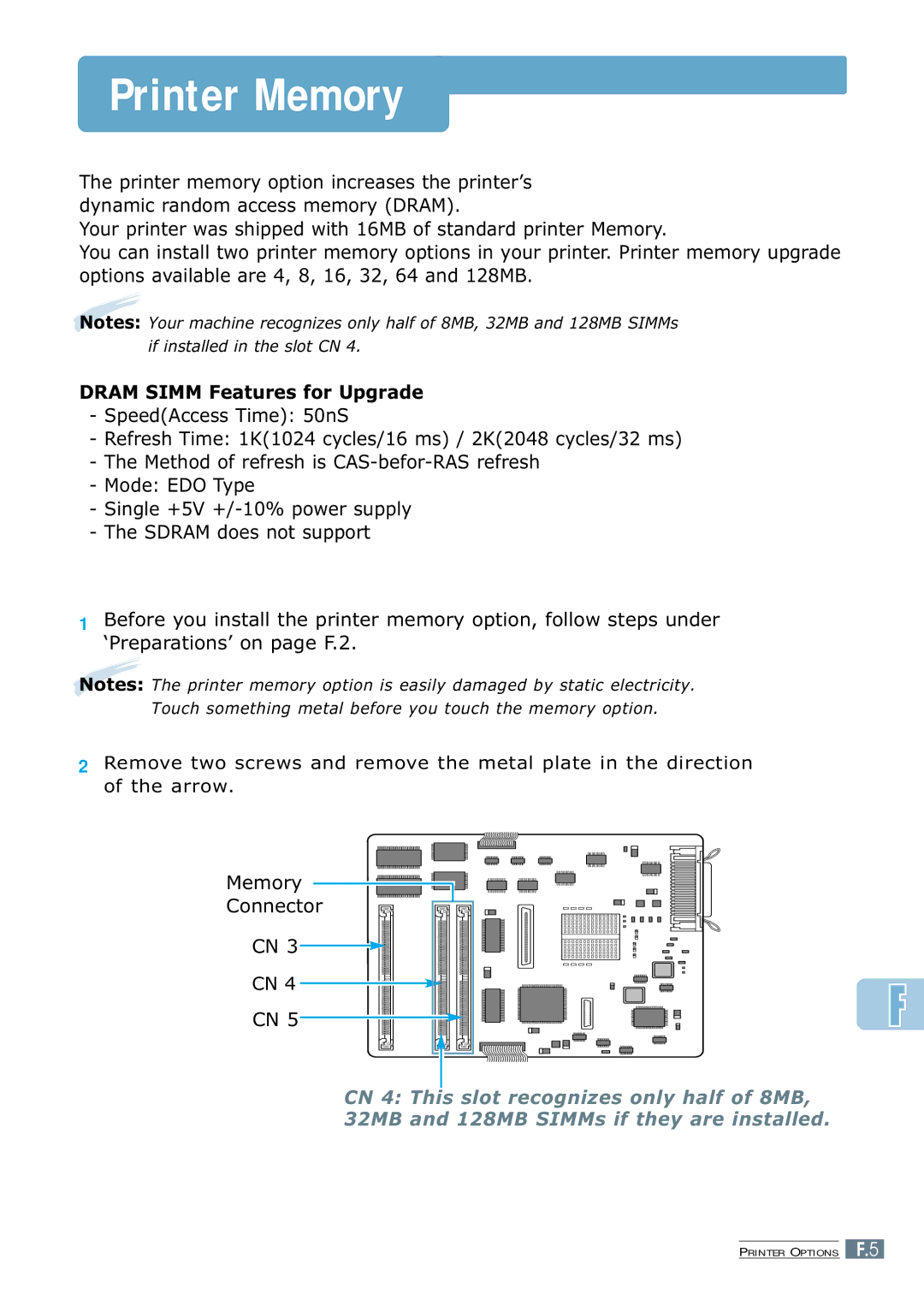 Samsung ML-7300 manual Printer Memory, Dram Simm Features for Upgrade 