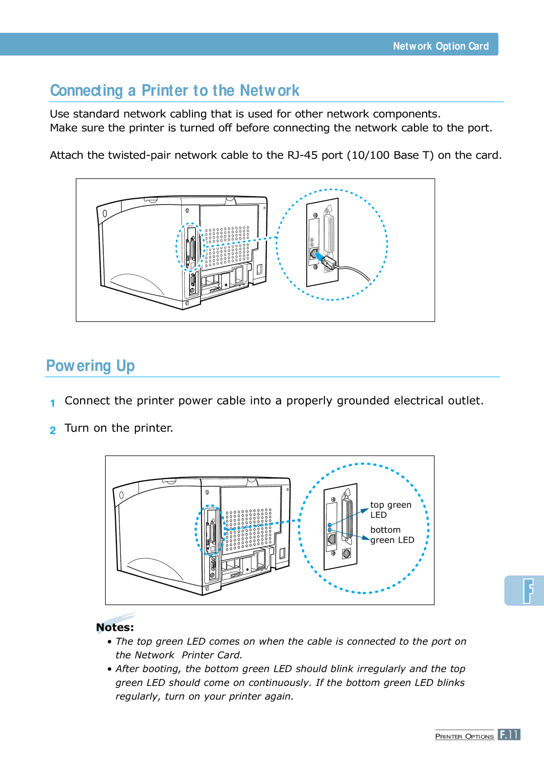 Samsung ML-7300 manual Connecting a Printer to the Network, Powering Up 