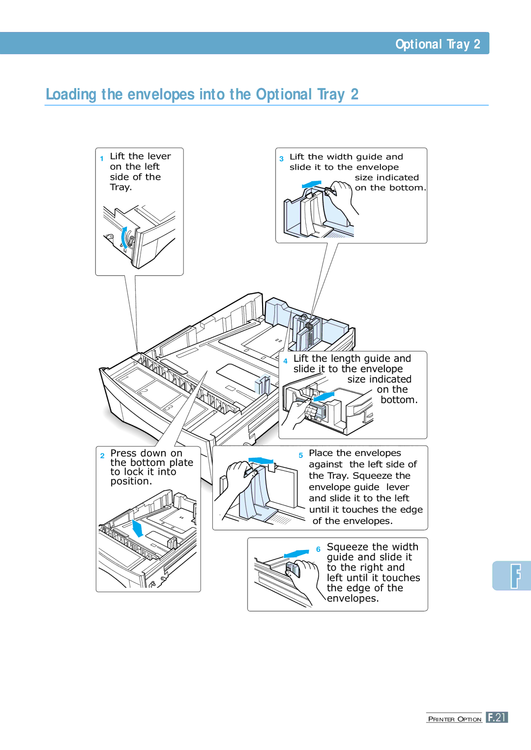 Samsung ML-7300 manual Loading the envelopes into the Optional Tray, Size indicated On the bottom 