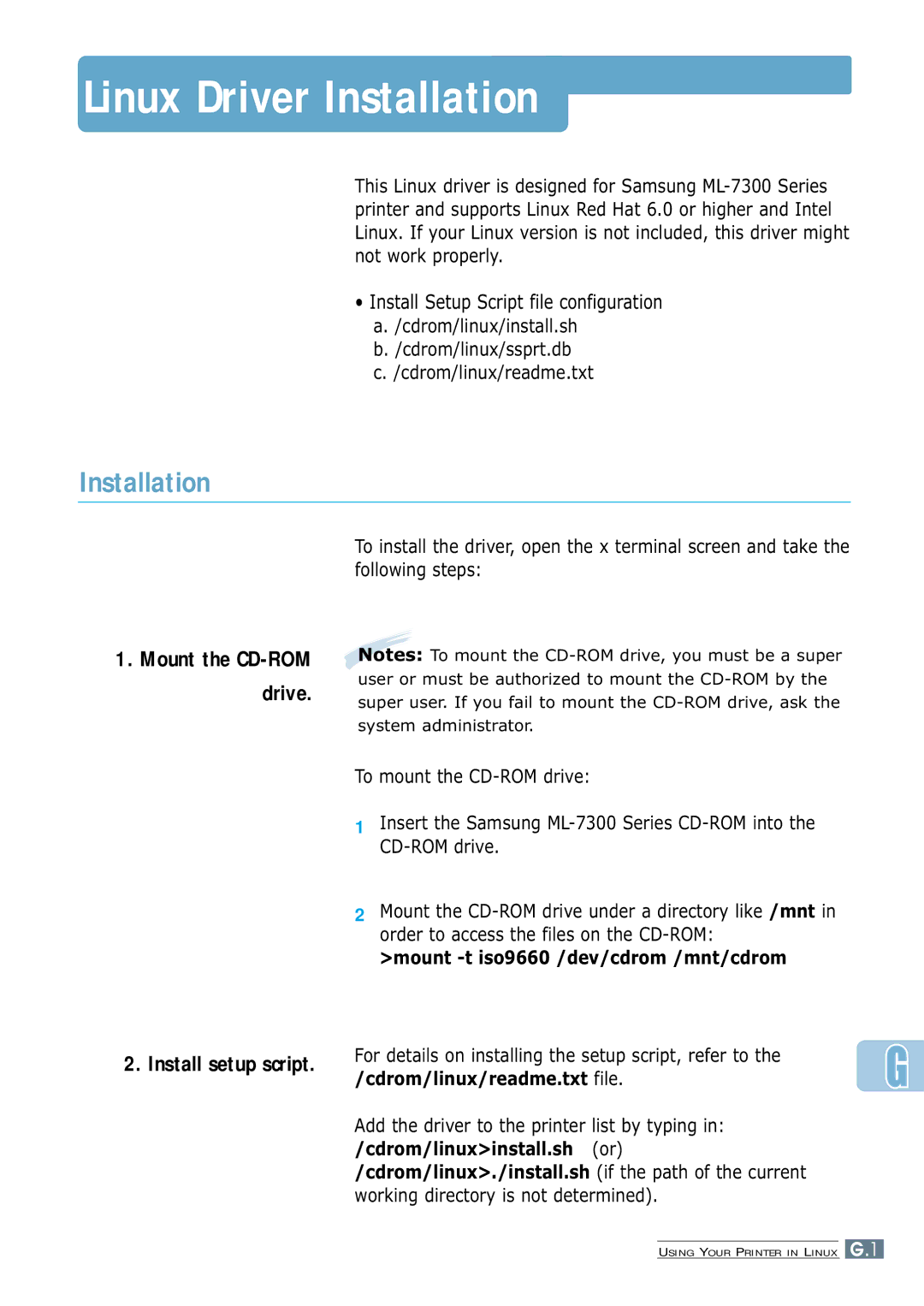 Samsung ML-7300 manual Linux Driver Installation, Mount -t iso9660 /dev/cdrom /mnt/cdrom 