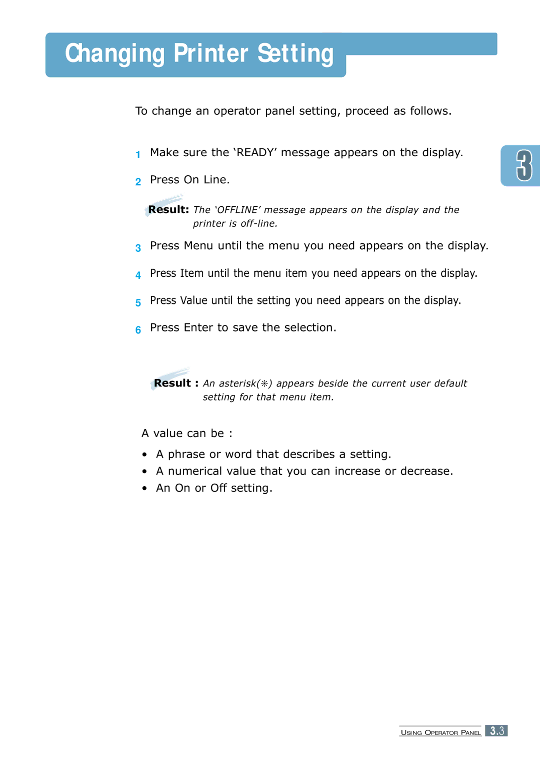 Samsung ML-7300 manual Changing Printer Setting 