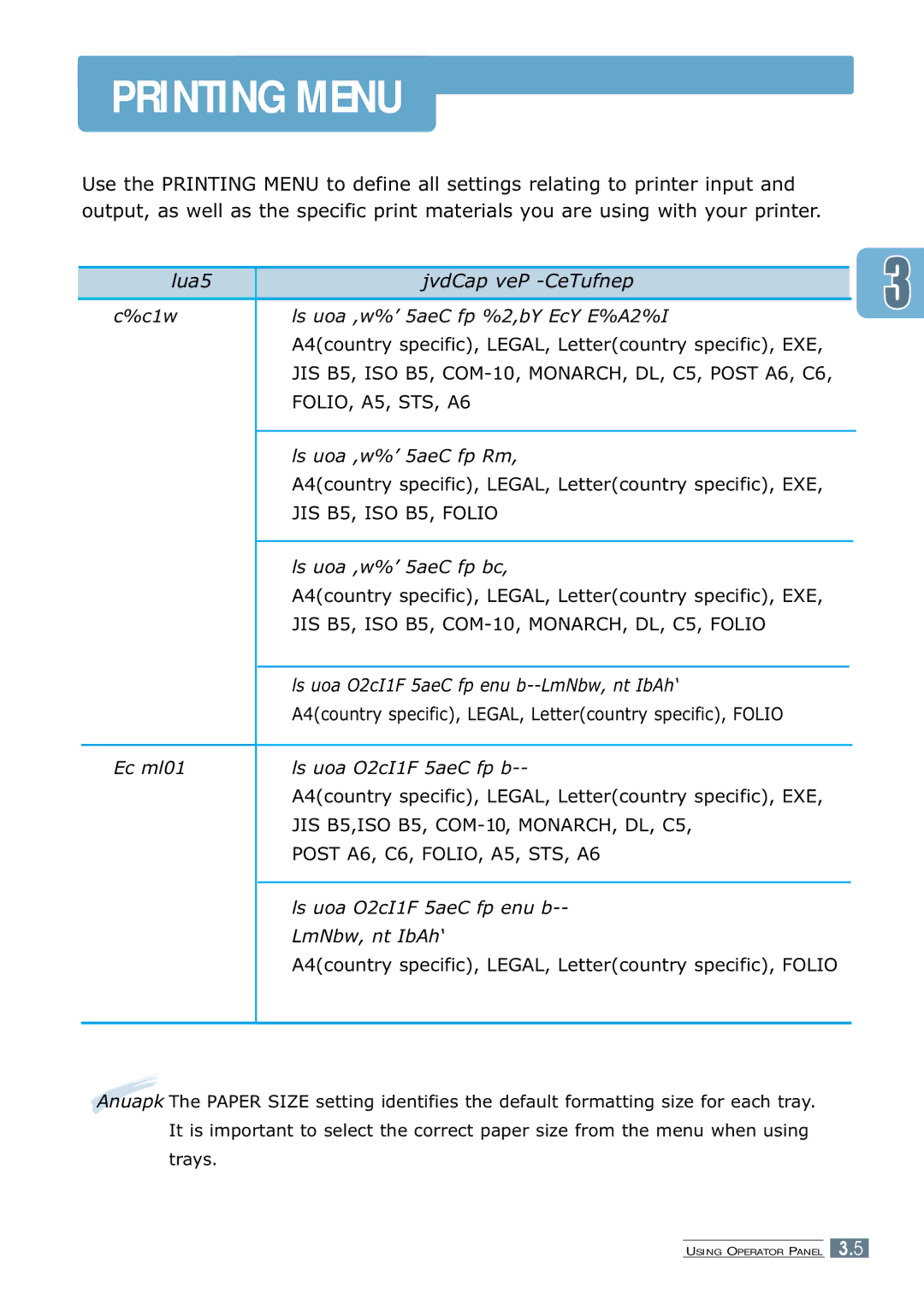 Samsung ML-7300 manual Values and Functions, Paper, MP Size 