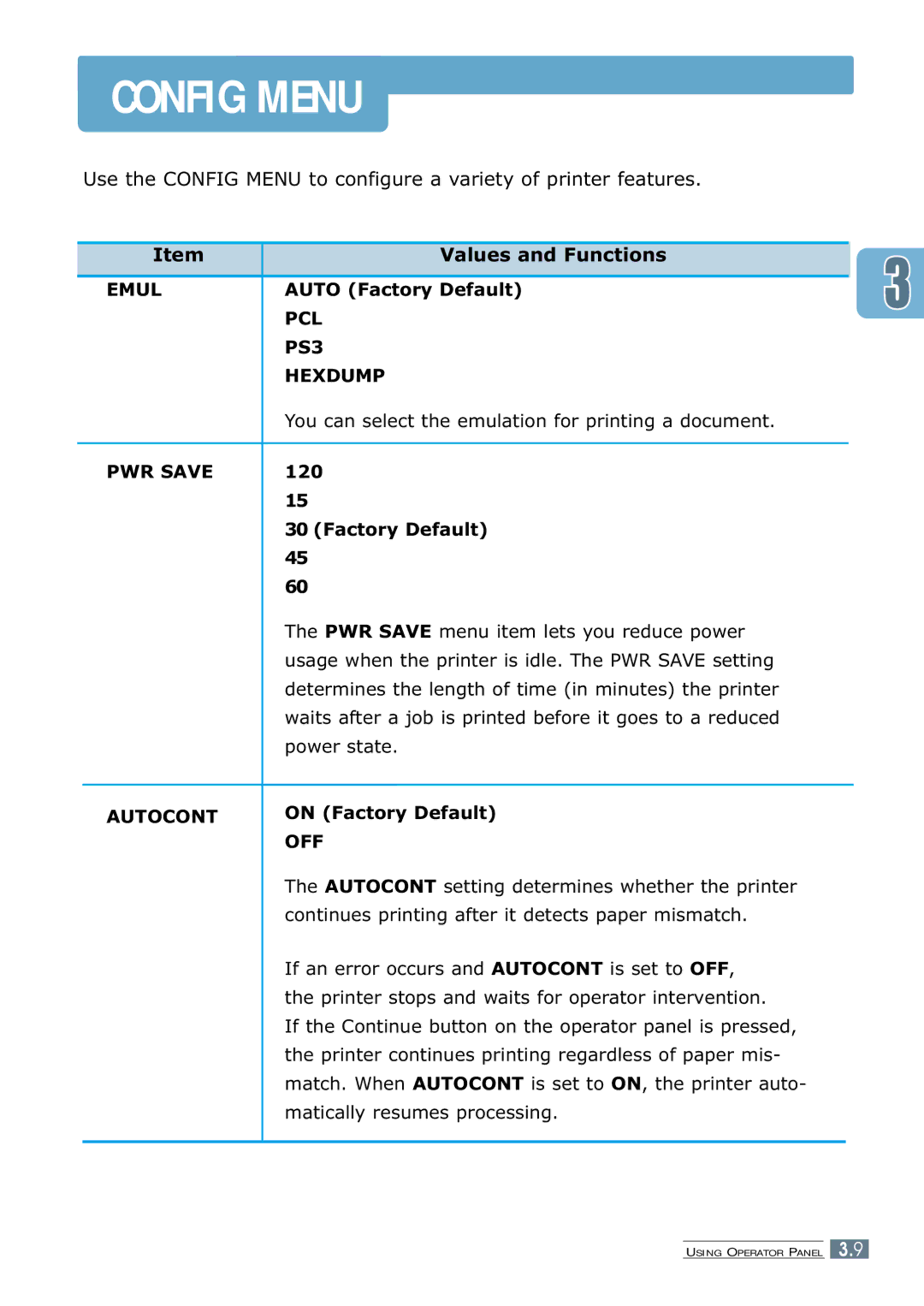 Samsung ML-7300 manual Emul, PCL PS3 Hexdump, PWR Save, Autocont, Off 