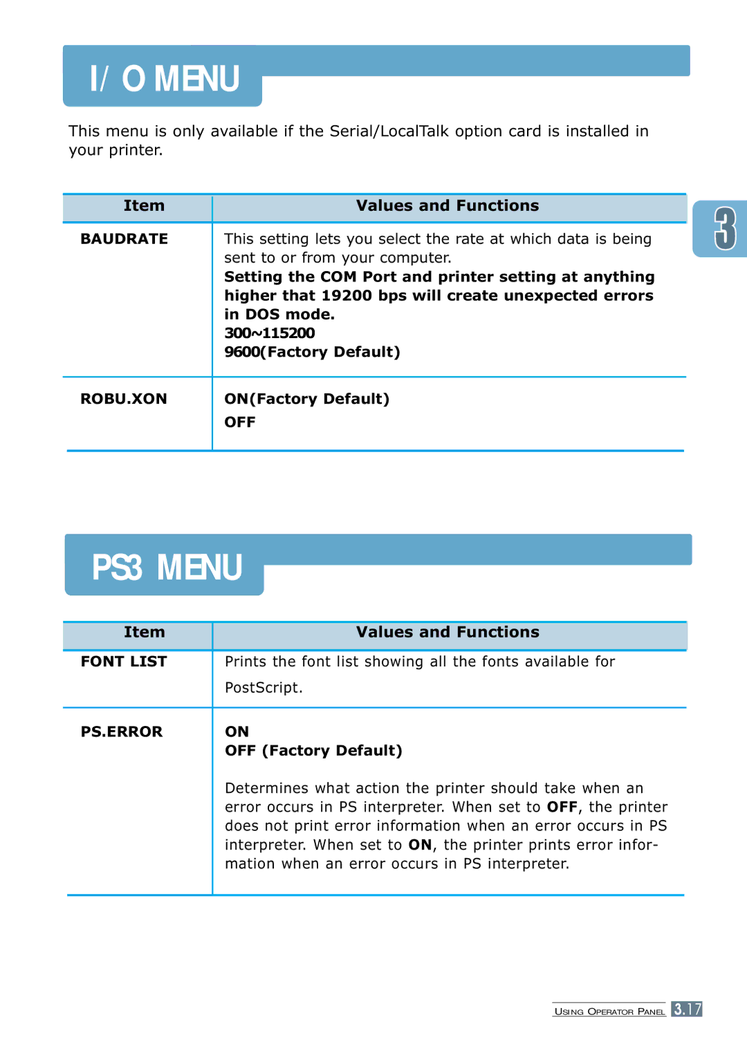 Samsung ML-7300 manual Baudrate, Robu.Xon, Font List, Ps.Error 