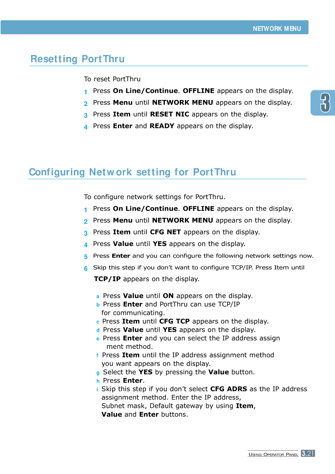 Samsung ML-7300 manual Resetting PortThru, Configuring Network setting for PortThru 