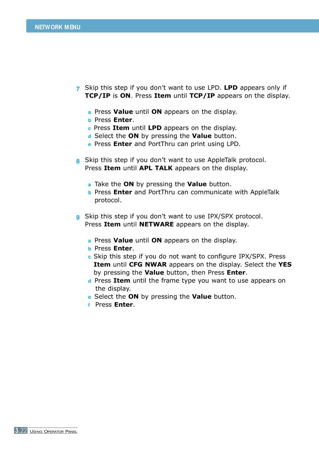 Samsung ML-7300 manual Network Menu 