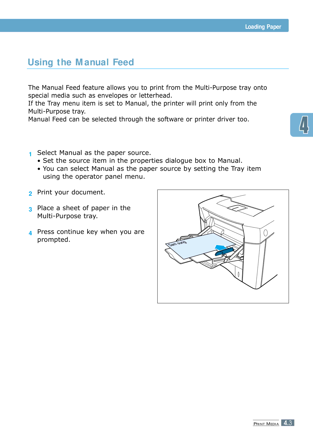 Samsung ML-7300 manual Using the Manual Feed 