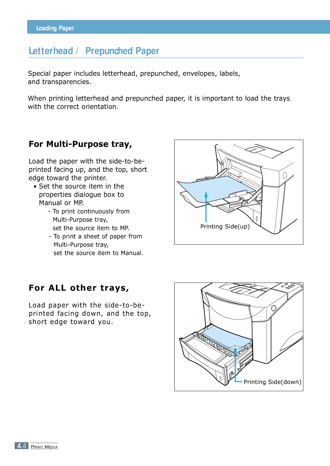 Samsung ML-7300 manual Letterhead / Prepunched Paper, For Multi-Purpose tray 