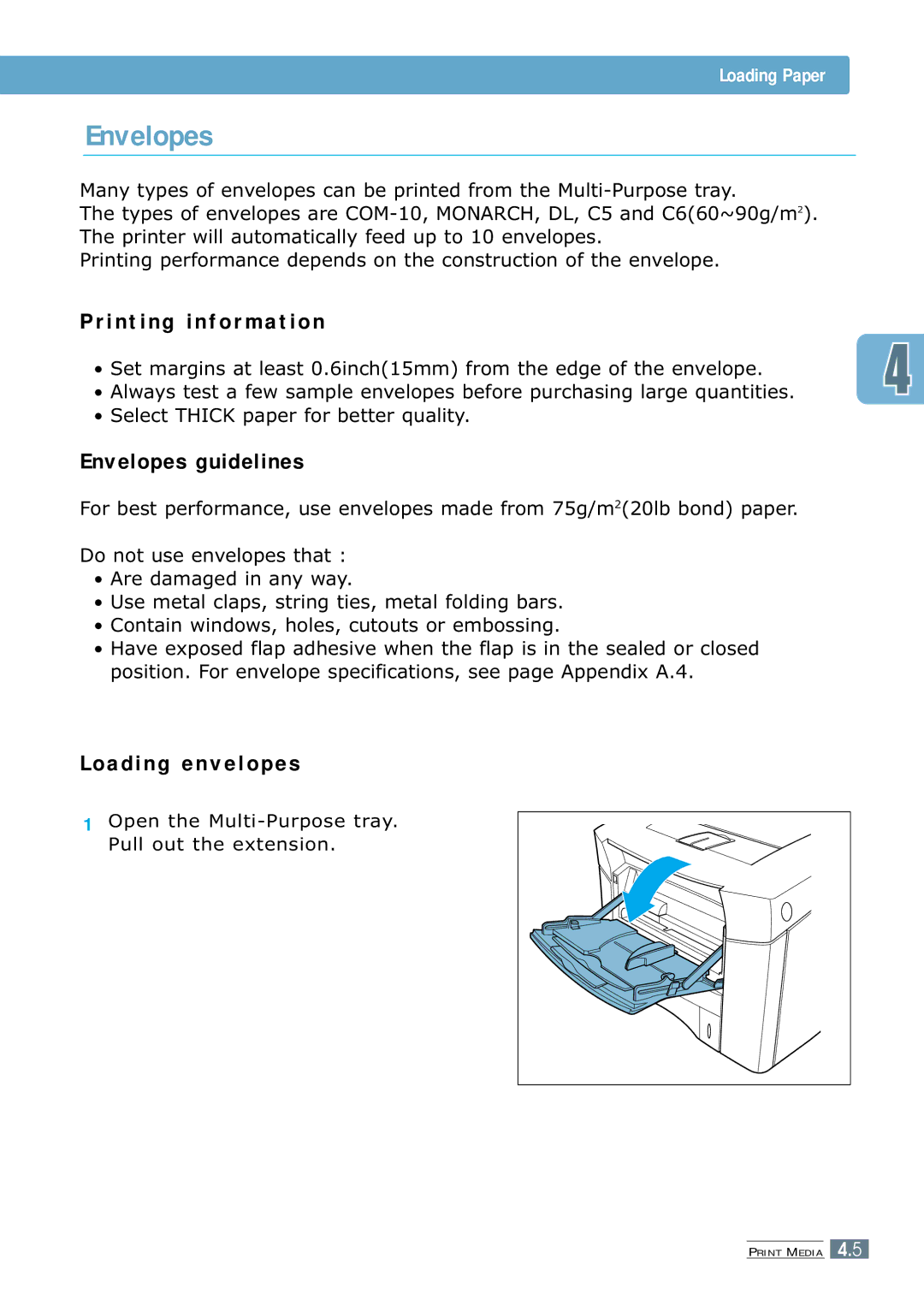 Samsung ML-7300 manual Envelopes, Printing information 