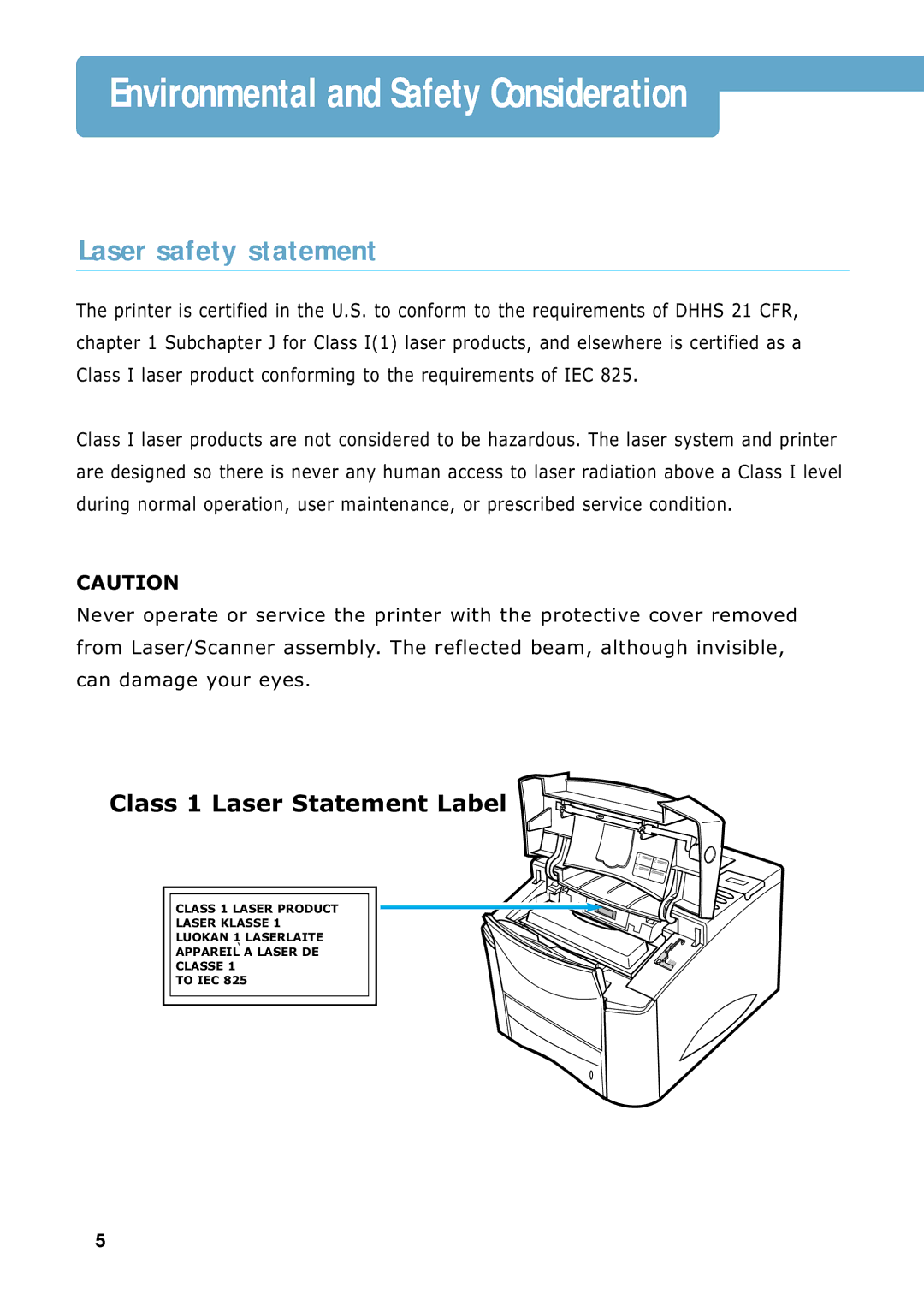 Samsung ML-7300 manual Environmental and Safety Consideration, Laser safety statement 