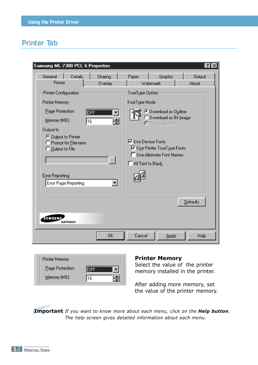 Samsung ML-7300 manual Printer Tab, Printer Memory 