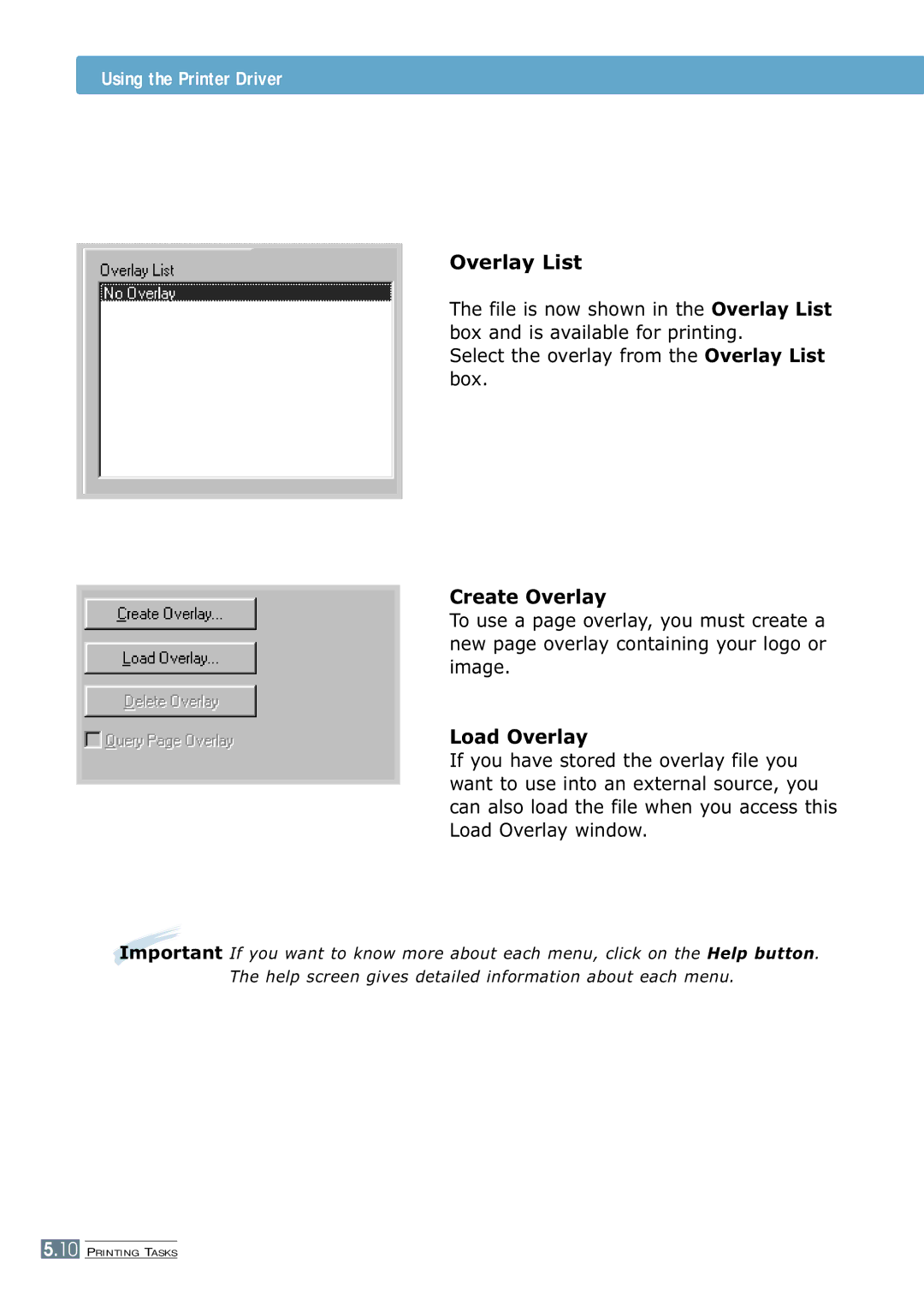 Samsung ML-7300 manual Overlay List, Create Overlay, Load Overlay 