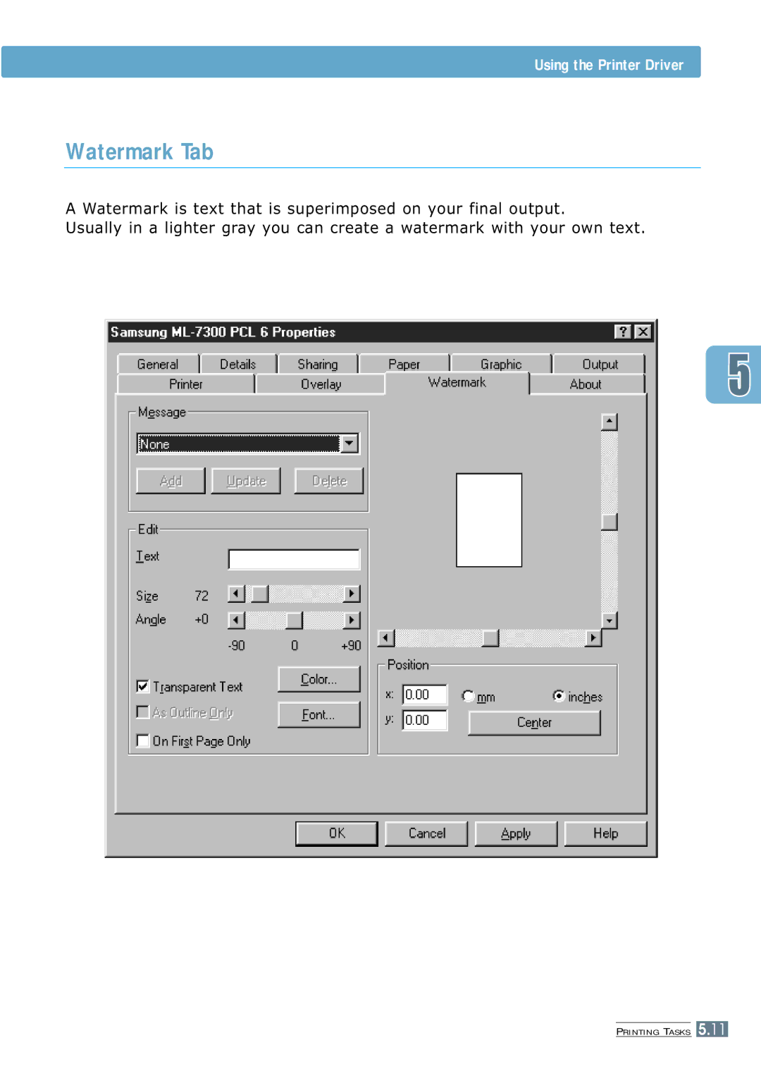 Samsung ML-7300 manual Watermark Tab 