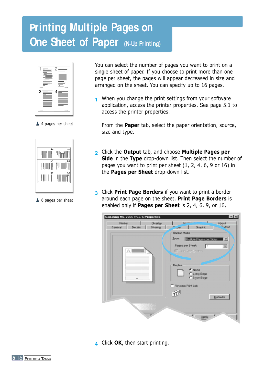 Samsung ML-7300 manual Printing Multiple Pages on One Sheet of Paper N-Up Printing 