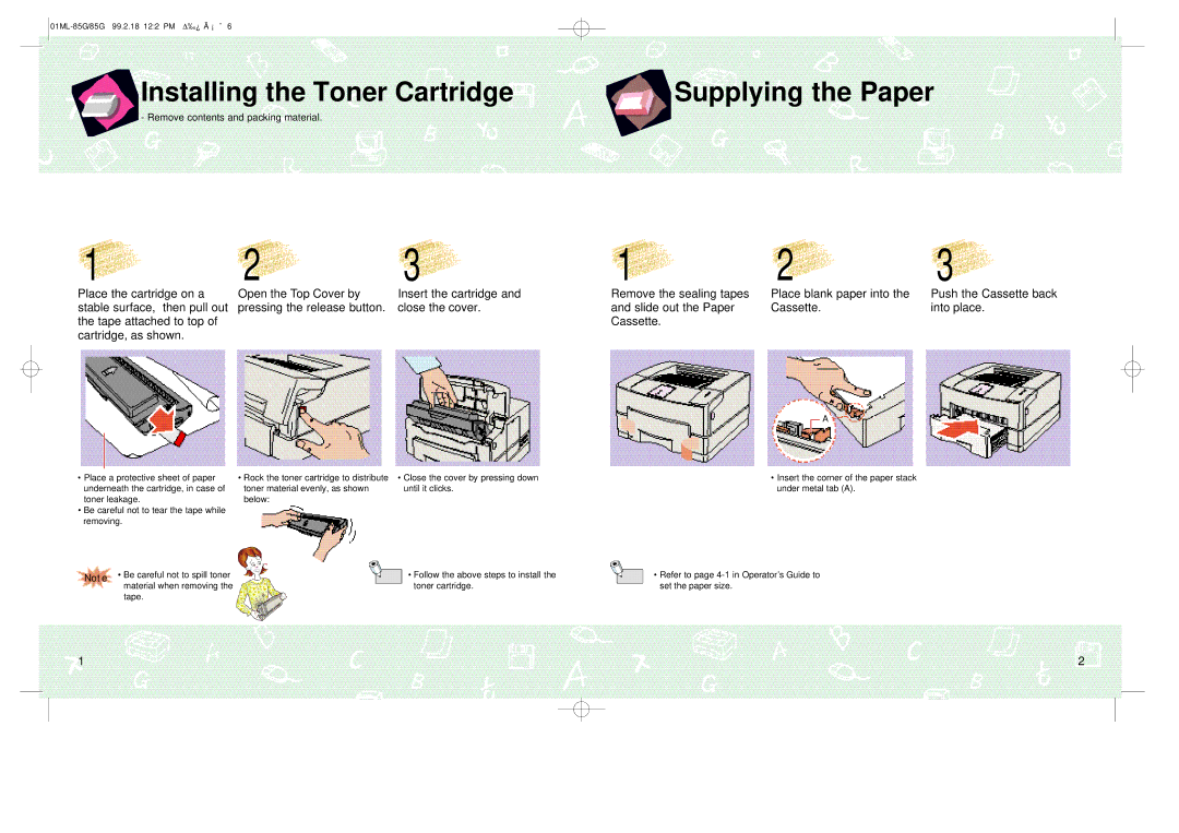 Samsung ML-85G Plus manual Installing the Toner Cartridge Supplying the Paper 