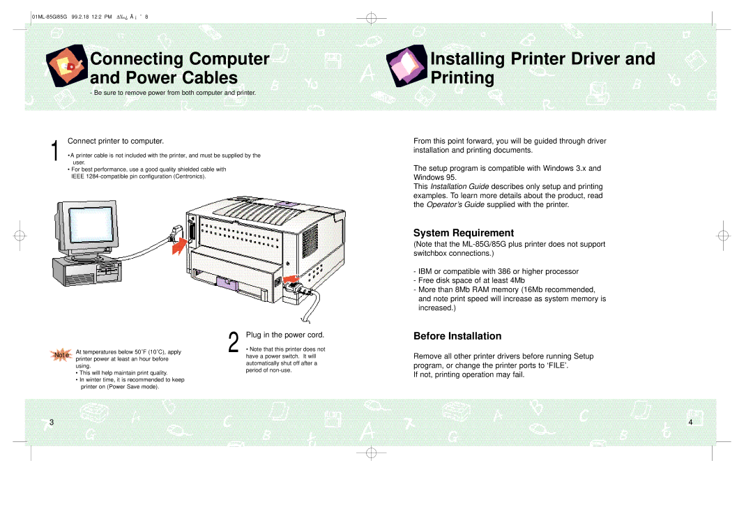 Samsung ML-85G Plus manual Connecting Computer and Power Cables, Installing Printer Driver and Printing, System Requirement 