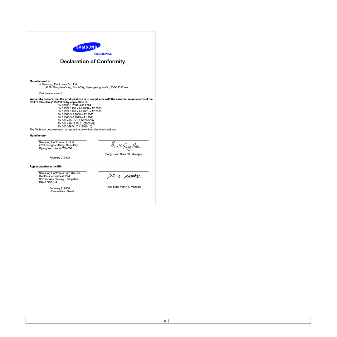 Samsung ML-D1630A manual Vii 